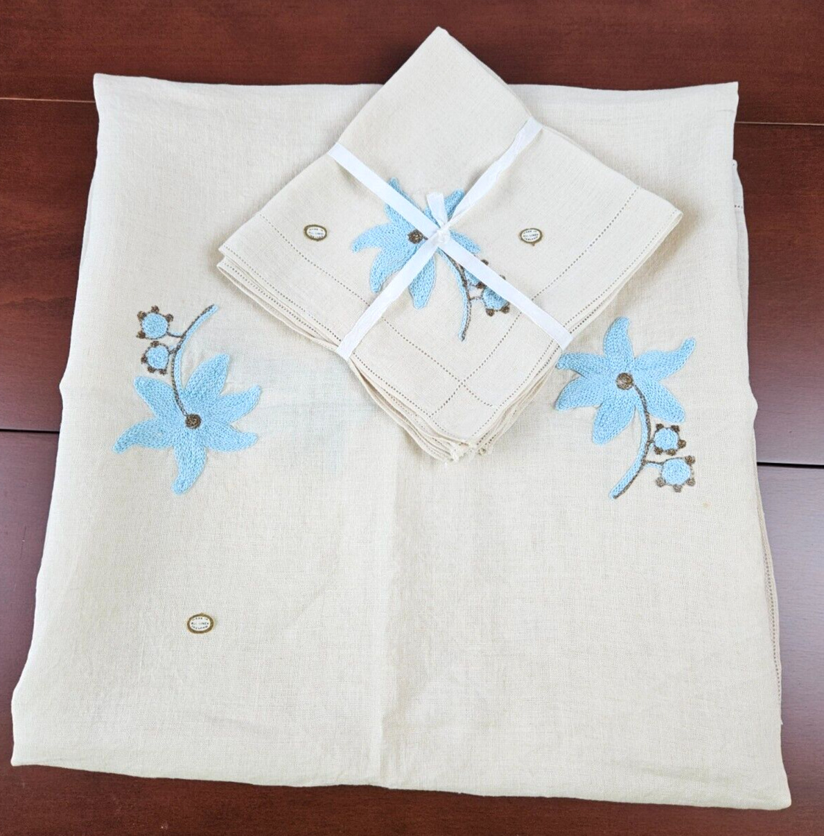 Vintage Irish Linen Table Cloth & 4 Napkins~ Blue & Bronze Embroidery 42