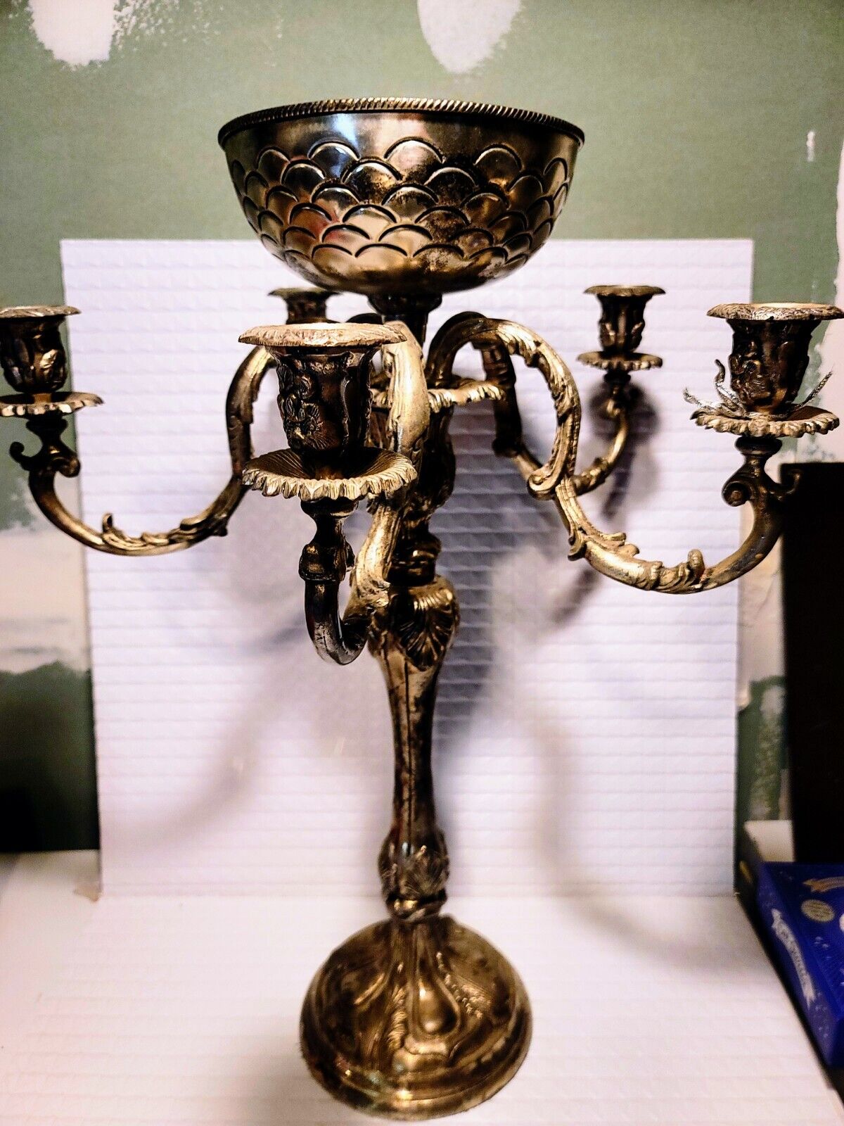 HUGE Gothic Standing Candelabra Candle Holder Silver Metal Holds 5 Heavy