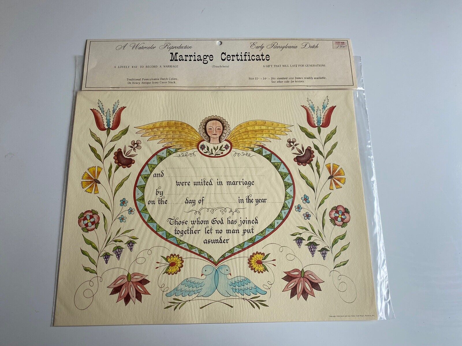 VTG 60s Decorative Marriage Certificate Blank 11x14 Folk Art Repro Dutch Style