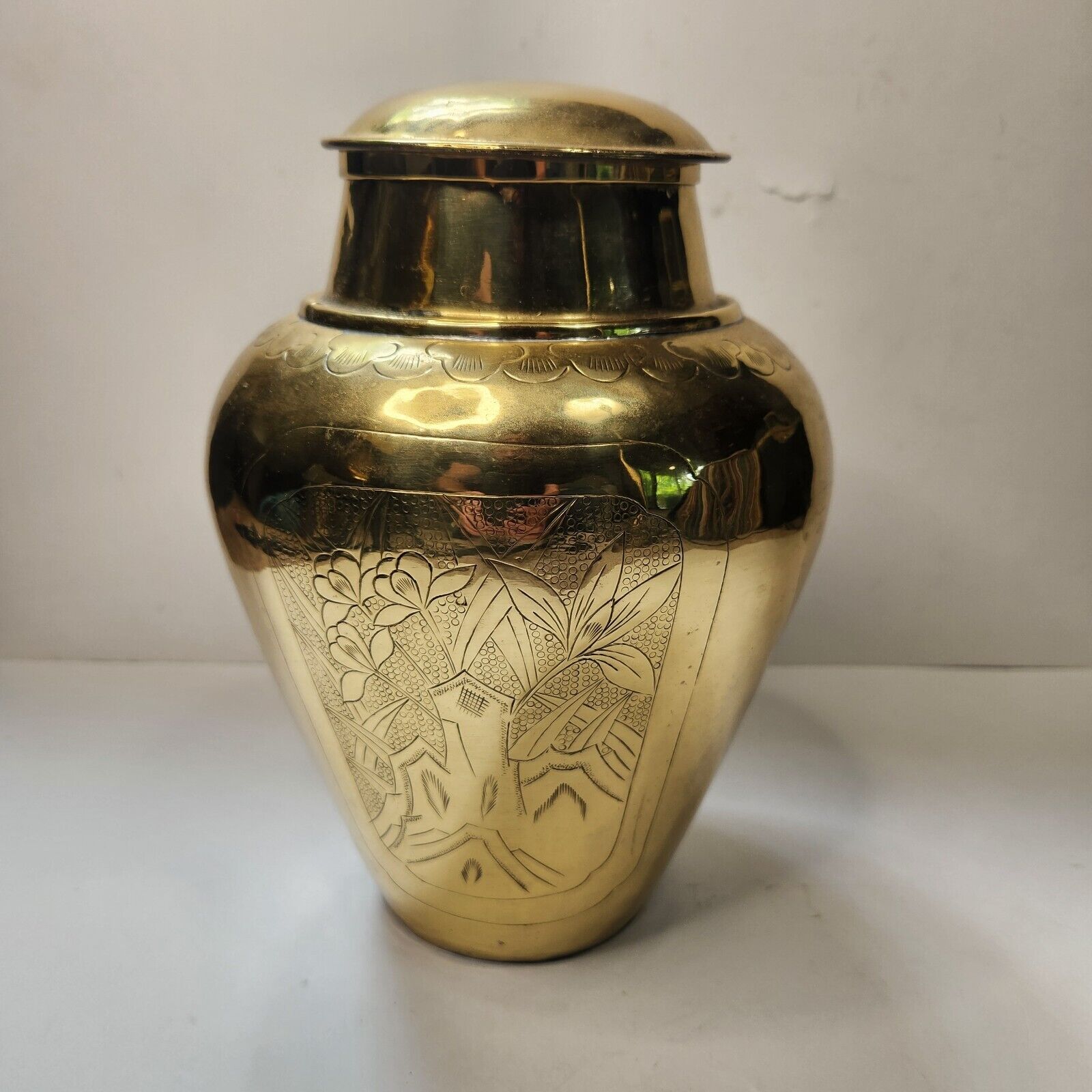 Brass Urn Vase Planter Three Sided Ornate Floral Jar W/ Lid 19 Inch Big Vintage