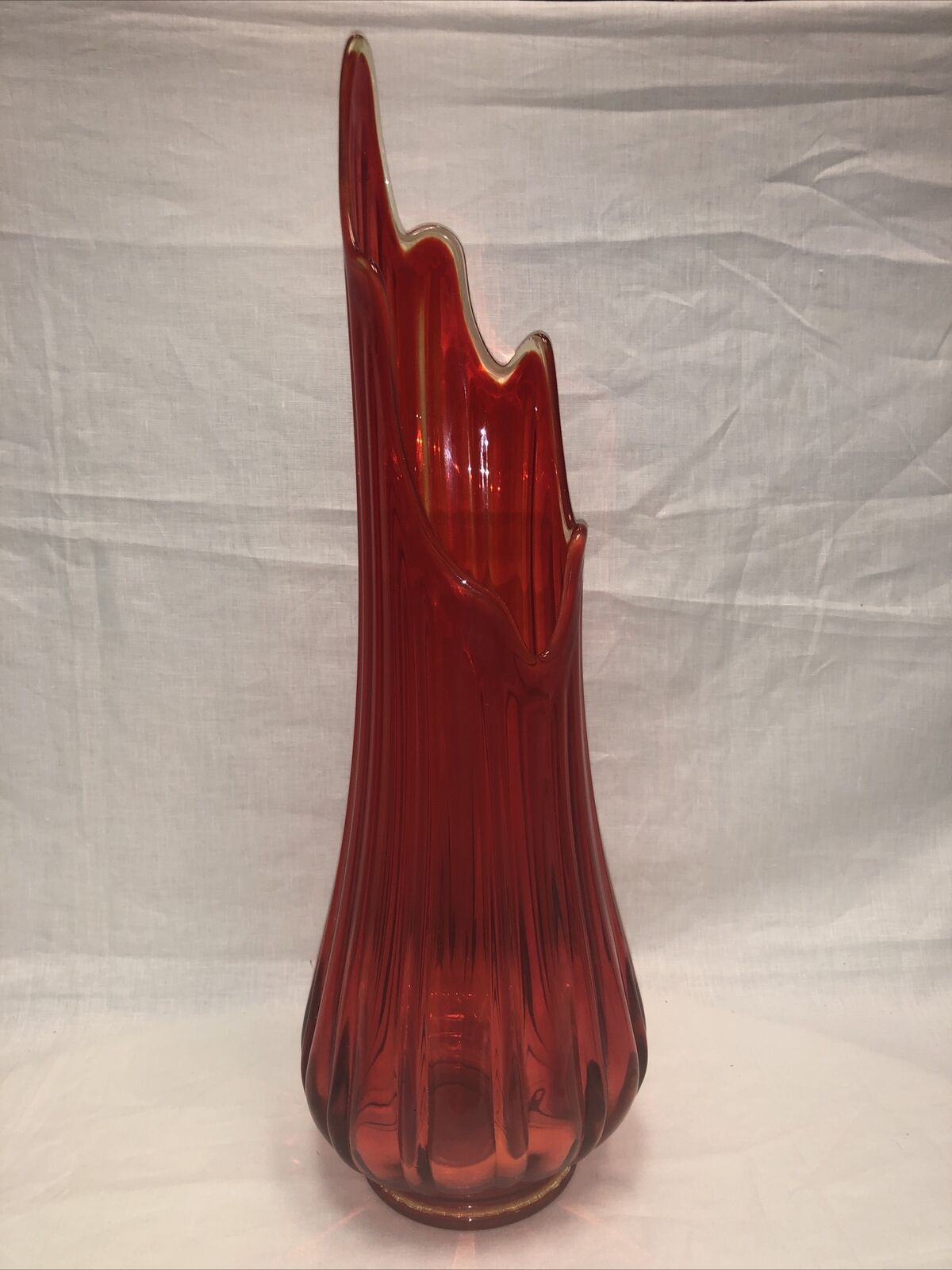 Vintage LE Smith Smoothie Red Amberina Swung Glass Vase 19” Fat Bottom MCM