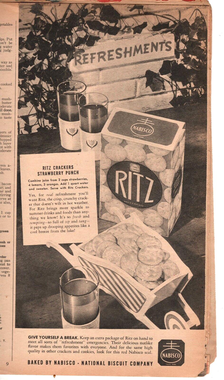 Nabisco Vintage Print Ad Ritz Crackers 1944   6 x 11.5 inches
