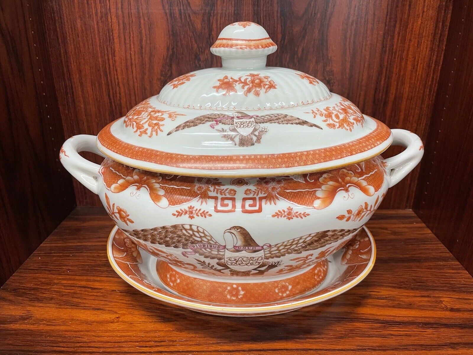 Chinese Export Fitzhugh Style American Eagle Red Tureen & Underplate