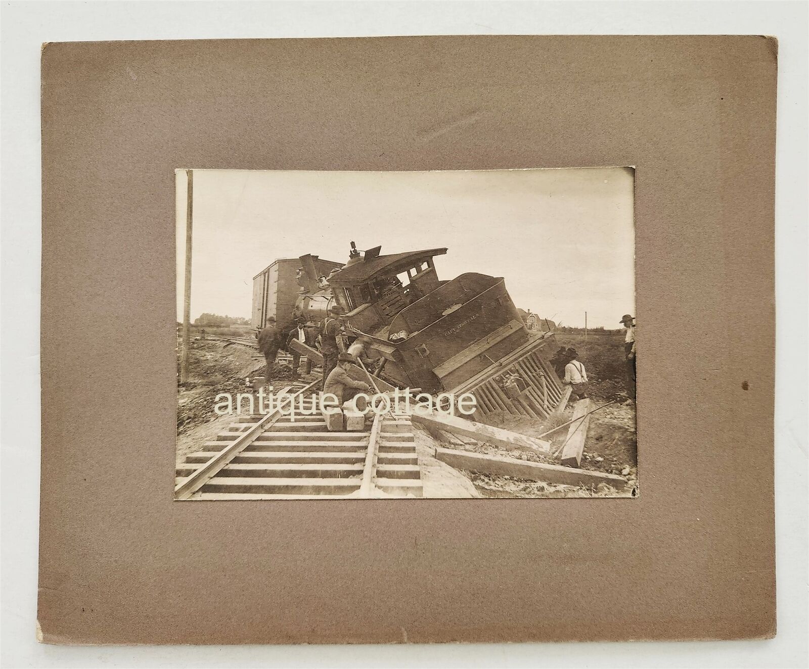 antique PHOTOGRAPH wreck RAILROAD TRAIN derailed people working