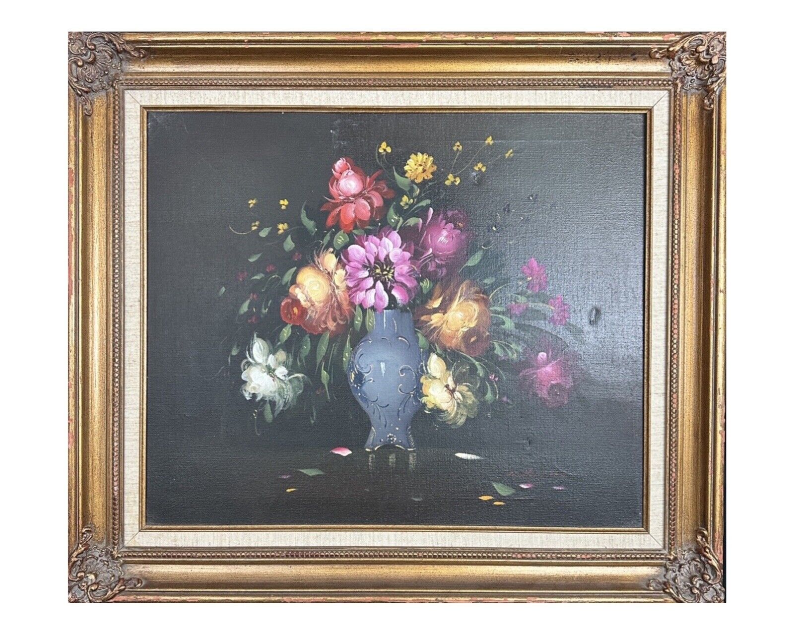 R. HUNTHER Vintage Dutch Style Floral Still Life Oil on Canvas Painting