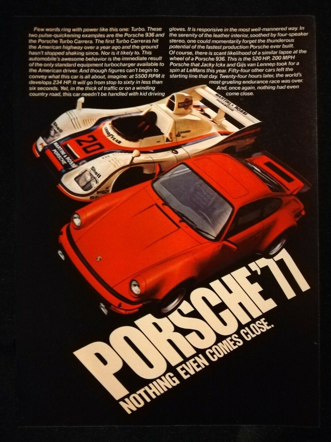 1977 Framed Porsche 911 Turbo Carrera Original Print Ad Nothing Even Comes Close