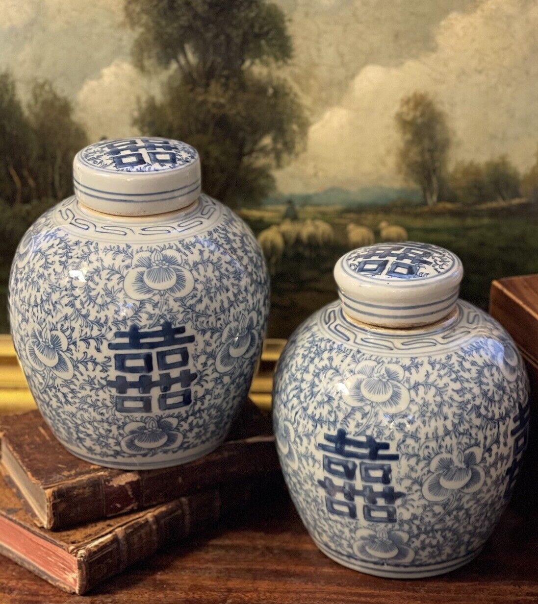 Stunning Blue White Chinoiserie Double Happiness Ginger Tea Caddy Jar Pair 6.75”