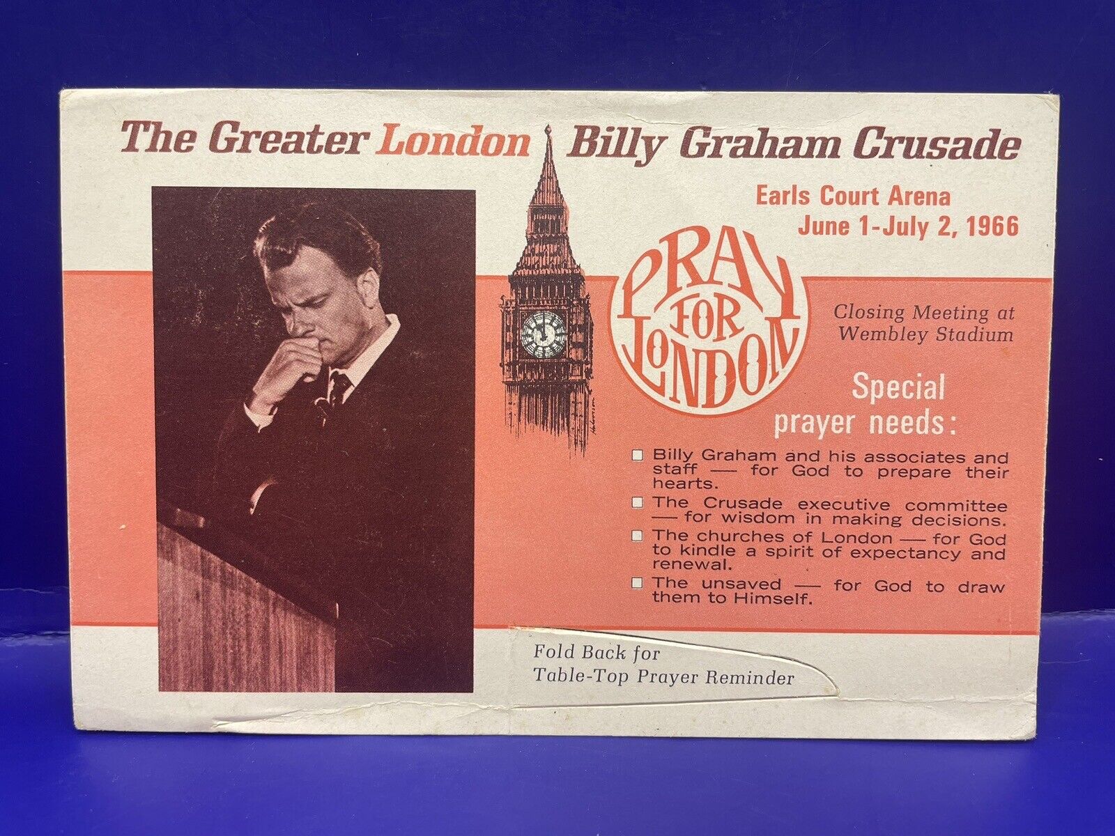 The Greater London Billy Graham Crusade 1966 Handbill Table Top Prayer Card