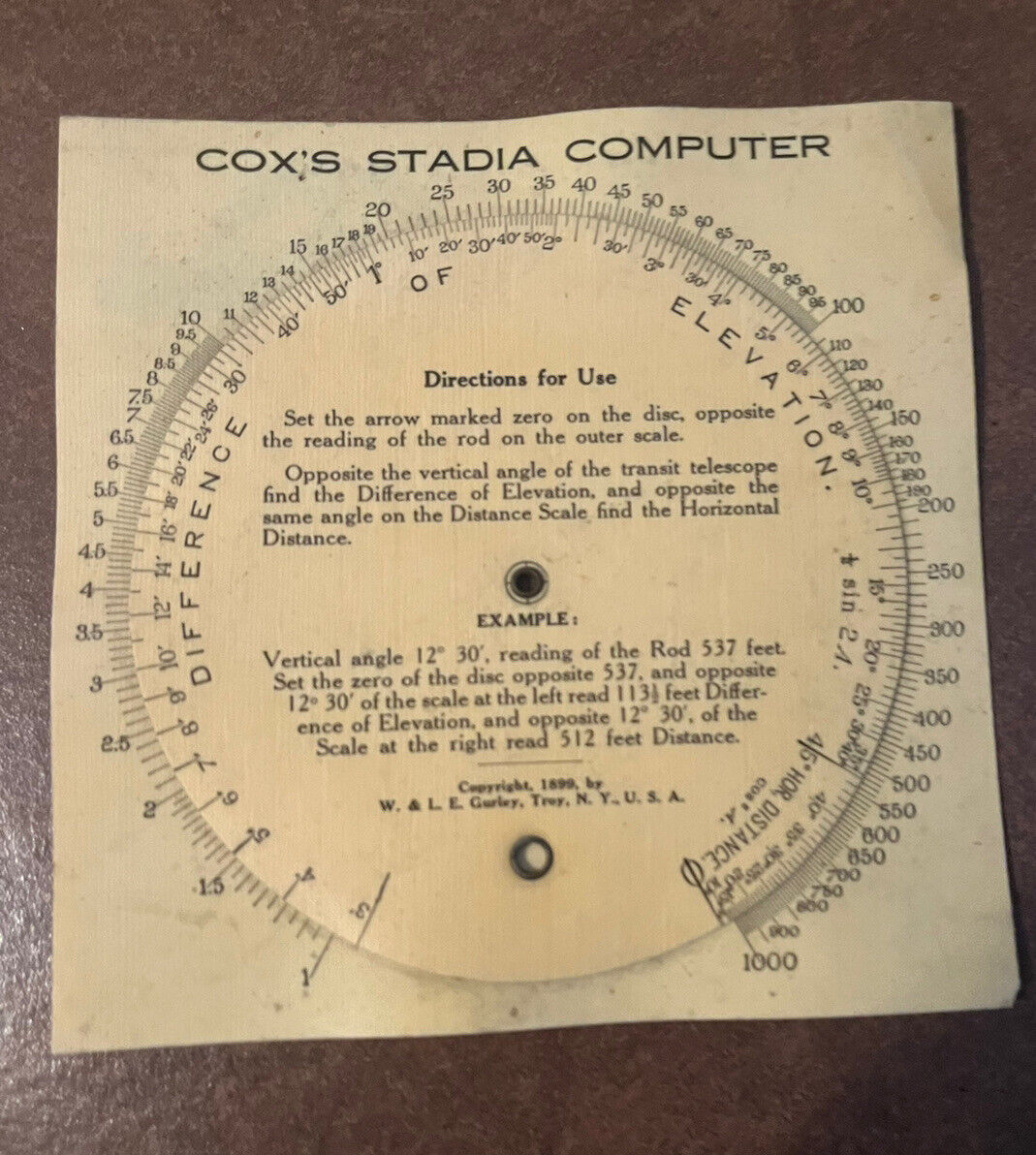 1899 Cox\'s Stadia Computer Difference Of Elevation Circular Slide Rule