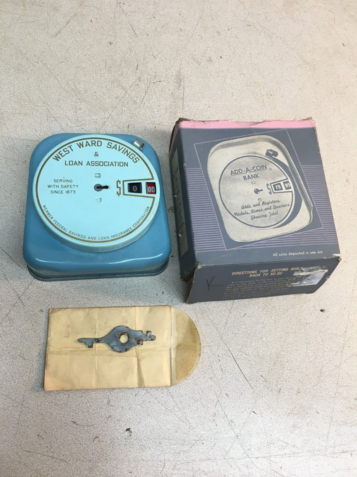 Vintage Add A Coin Piggy Bank West WARD SAVINGS  Tin Bank Original box and Key