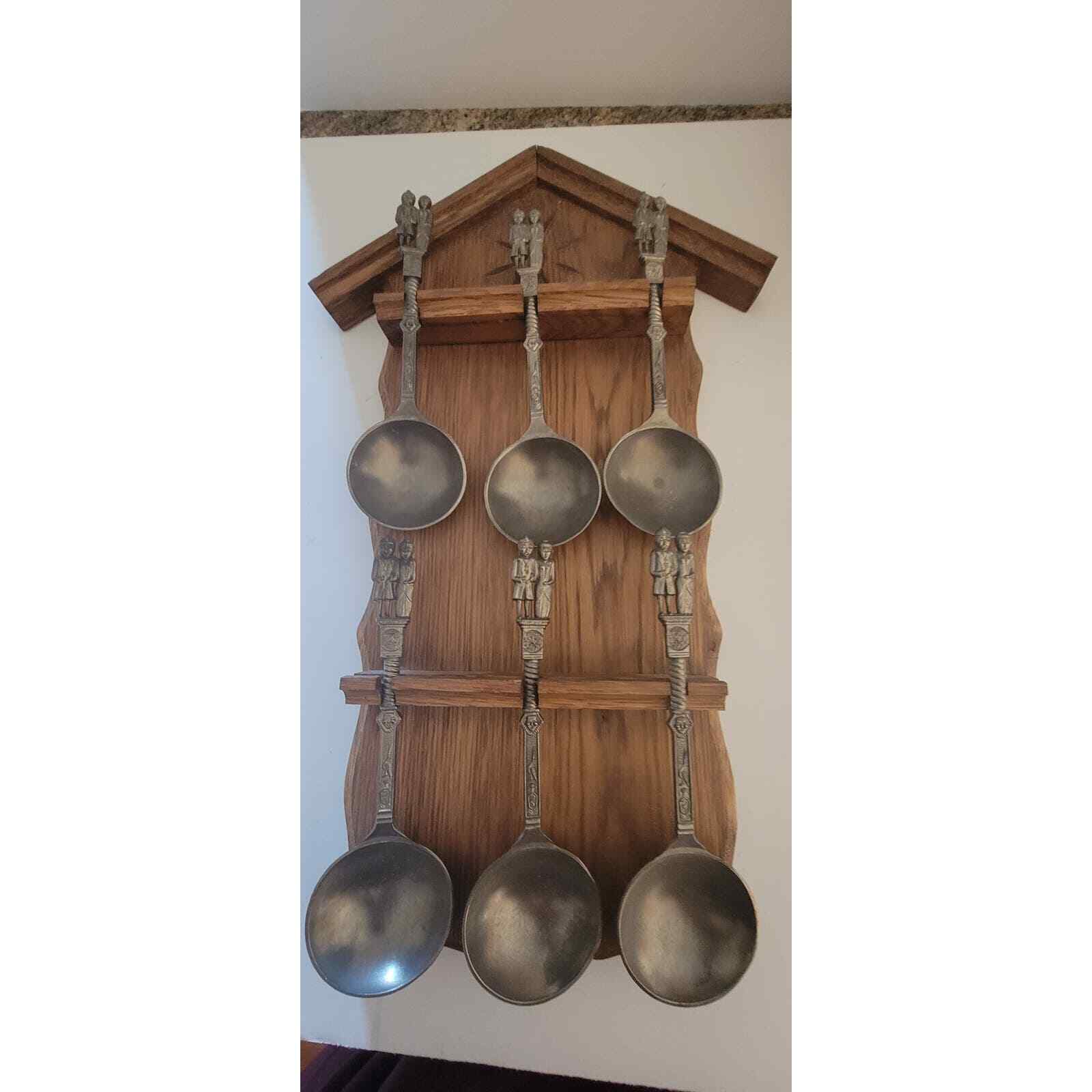 Vtg Pewter 6 spoons GUETEZEICHEN ZINNGERAT RAL Spoons, W/ Wood Hanger