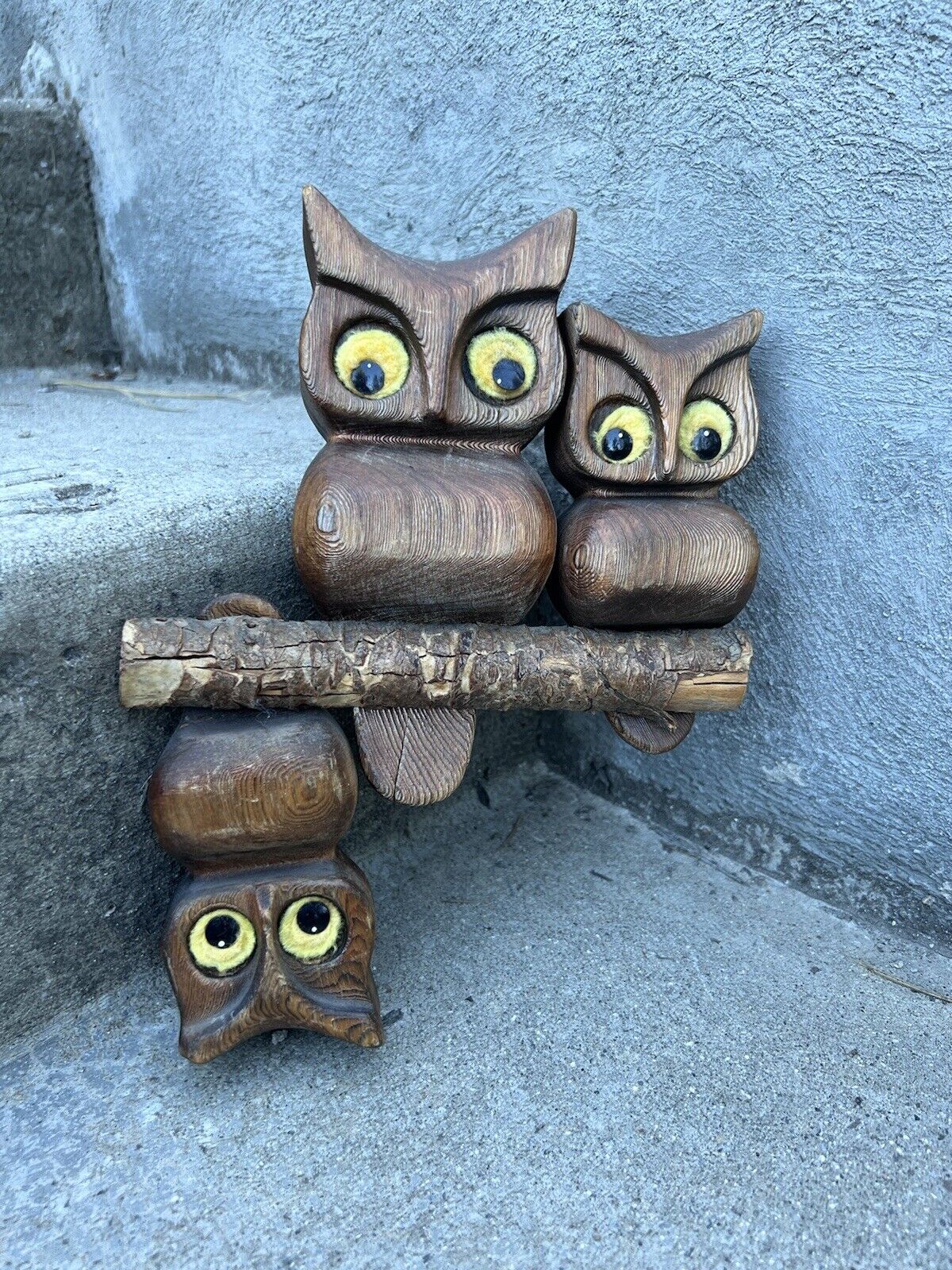 VTG Witco Cryptomeria Carved Owls Felt Bead Eyes Burnt Wood Retro Wall Art 70s
