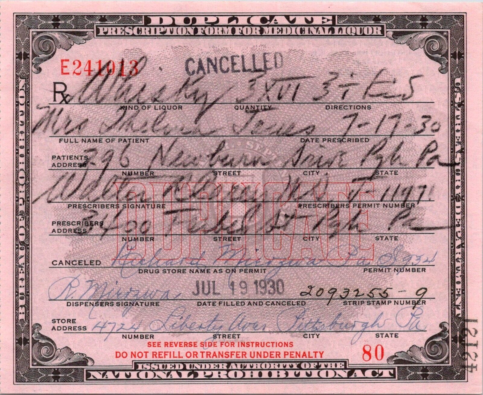Prohibition Era Prescription Form for Medicinal Liquor, Pittsburgh, PA 1930 RX