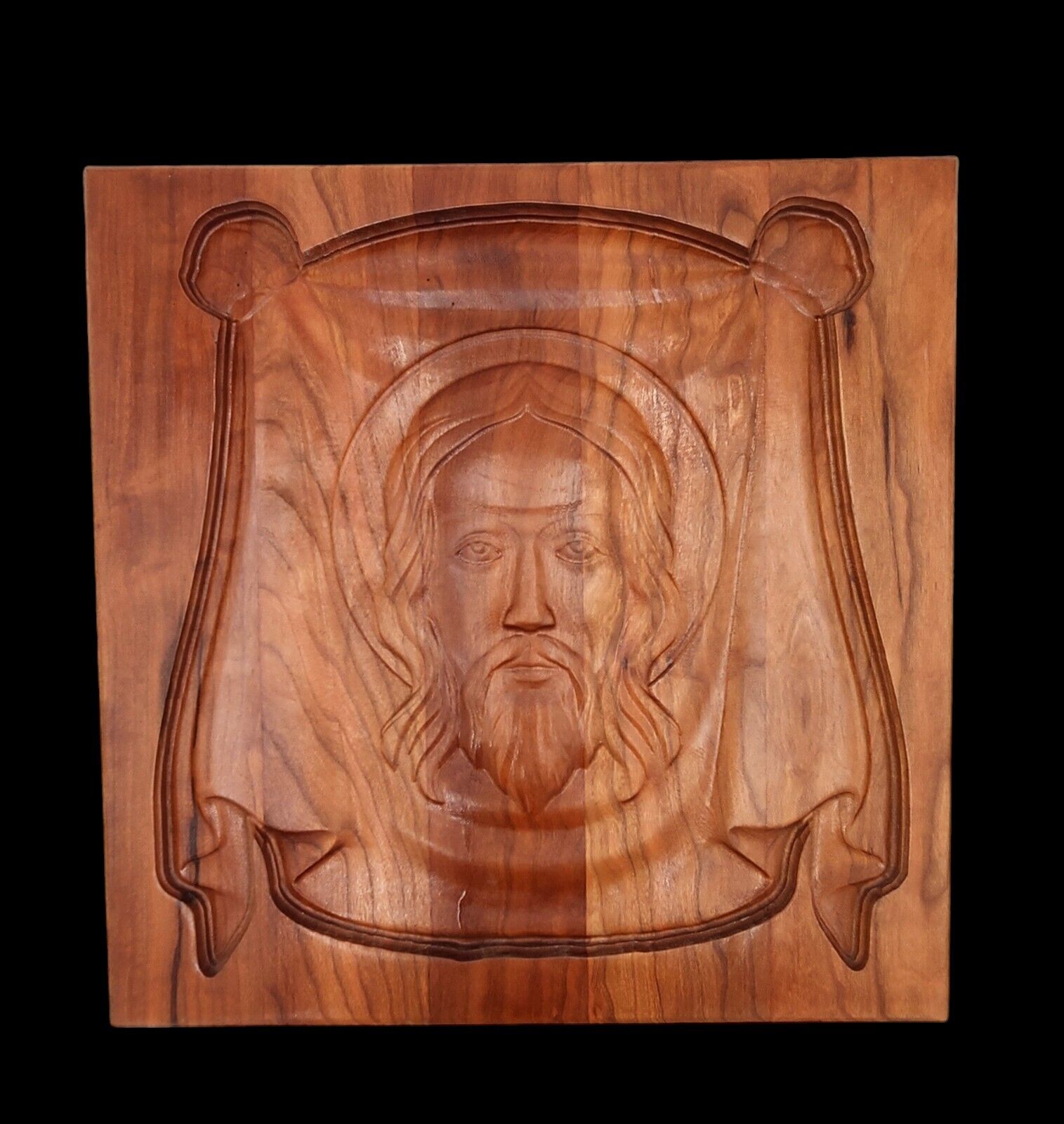 Jesus The Holy Face Wood 13x13 Wood Bas Relief Carving Panel Picture Icon