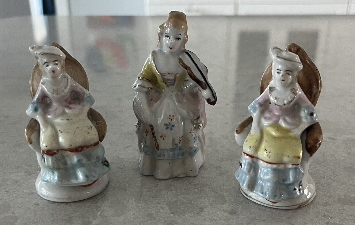Vintage S/3 Occupied Japan Victorian Hand Painted Porcelain Figurines ~ Nice