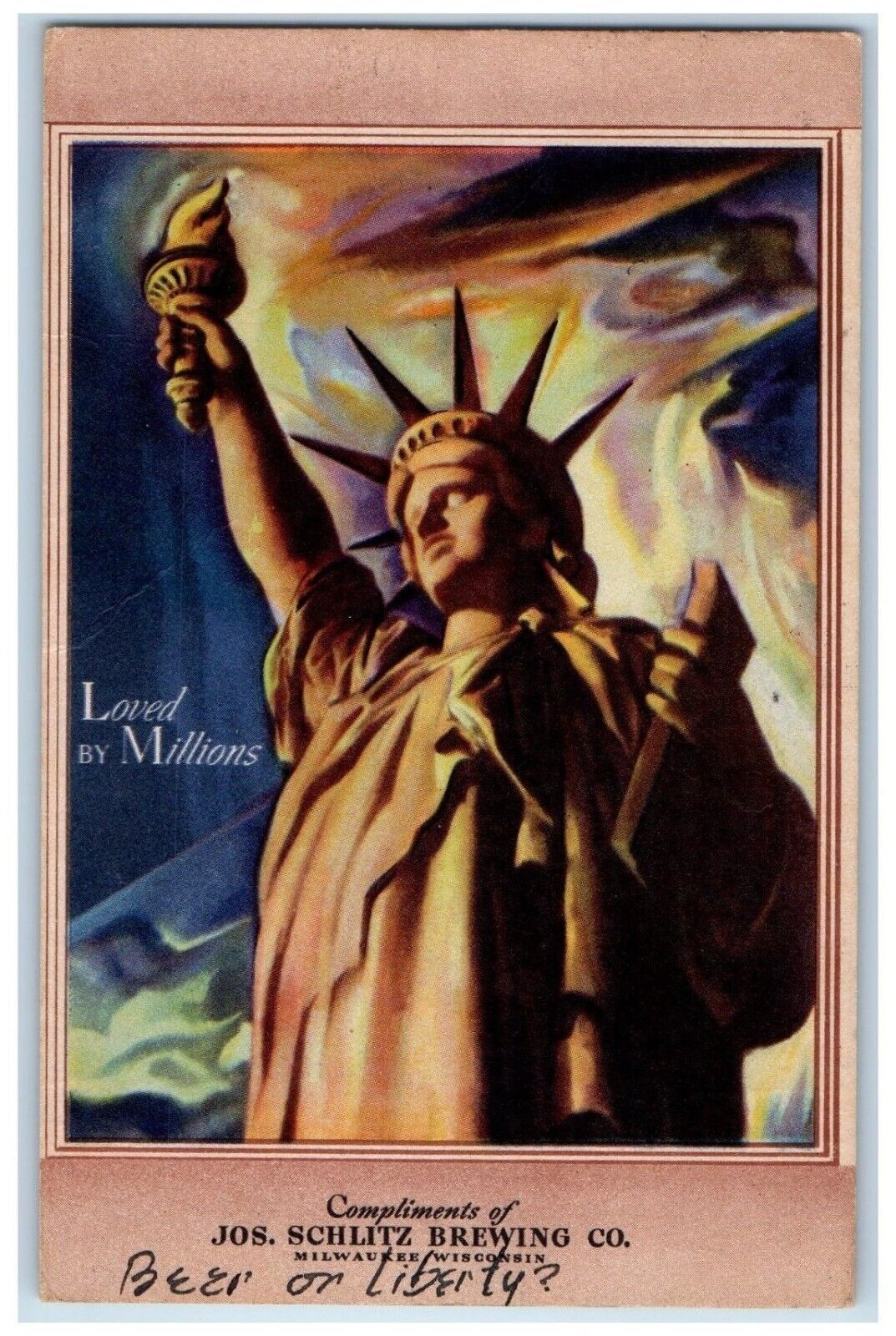 1944 Liberty Statue Jos. Schlitz Brewing Co. Milwaukee Wisconsin WI Postcard