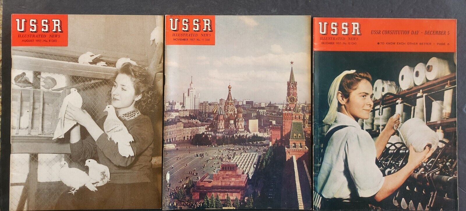 1957 VINTAGE USSR ILLUSTRATED NEWS MAGAZINE - LOT OF 3,  USSR - COLD WAR VF