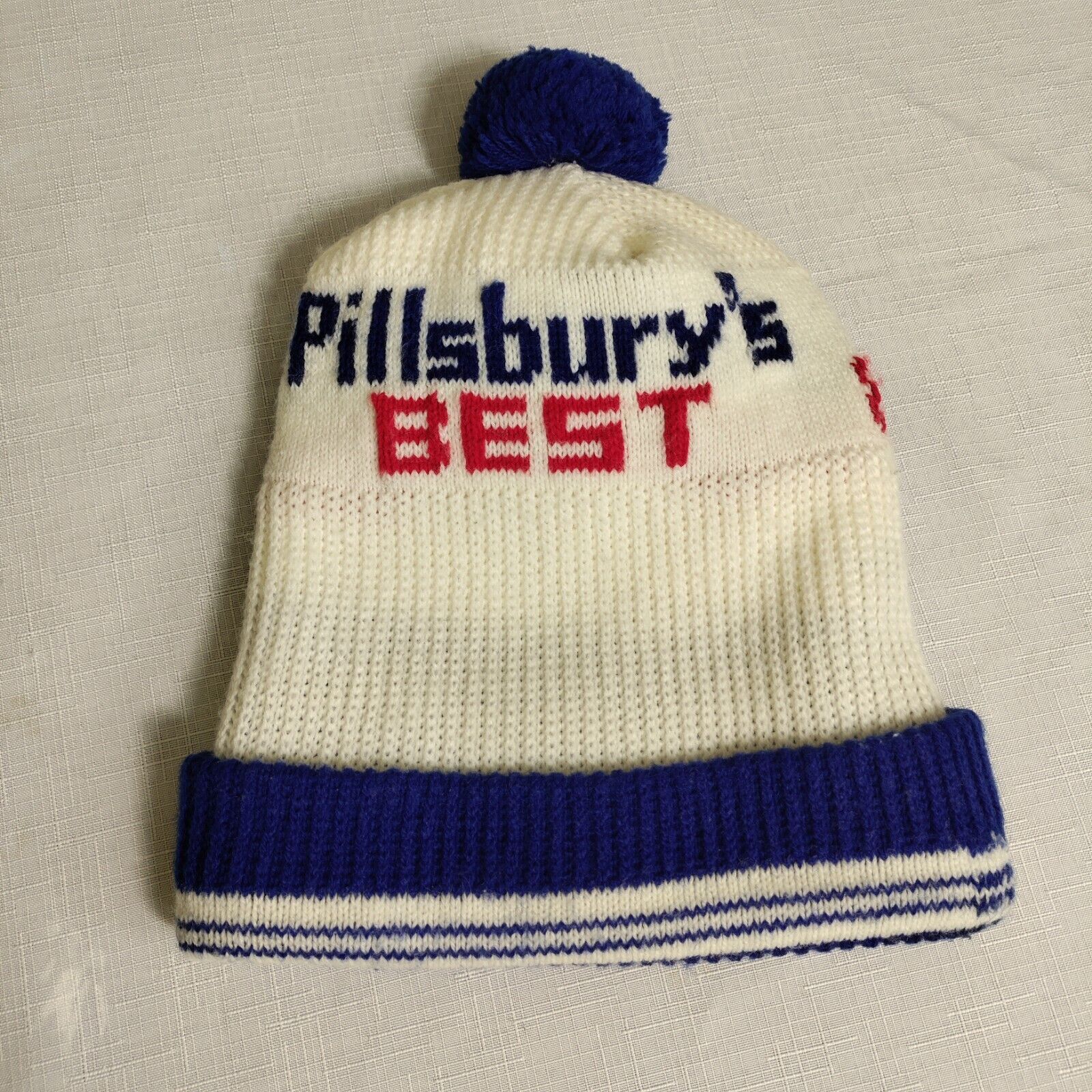 Pillsbury's Best winter Pom hat. Cream Blue Red