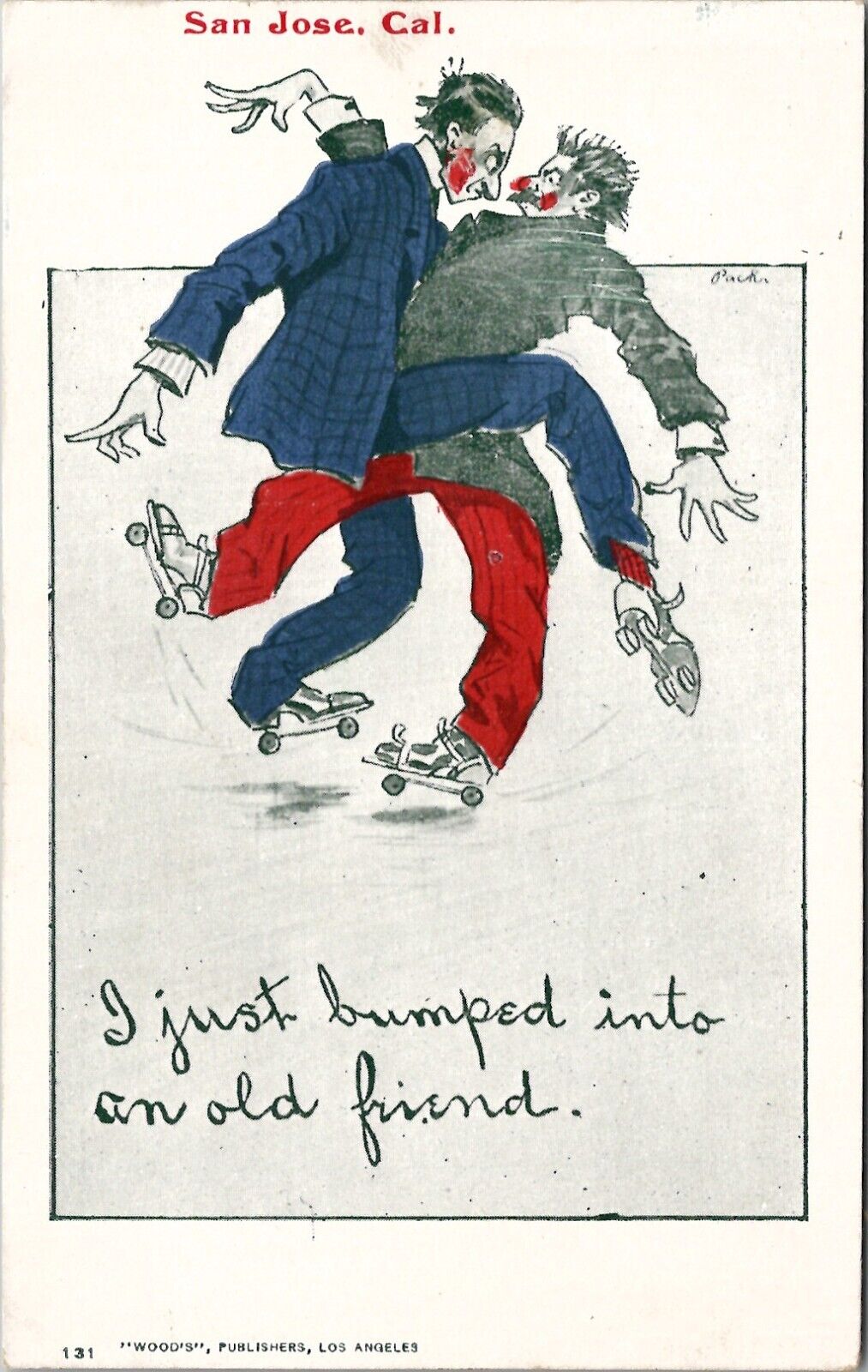 Men Entangled Roller Skating Gay Interest Bumped in Old Friend  Postcard Z12