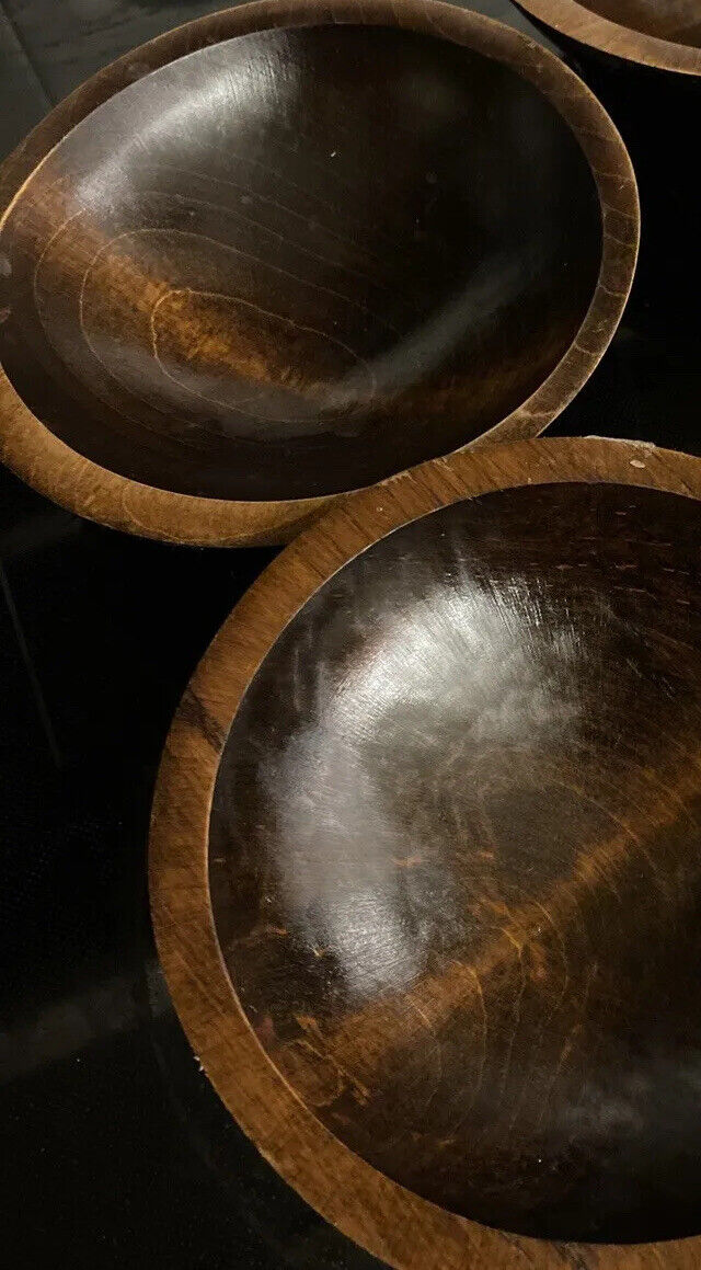 Set of TWO vintage, dark Wood cereal, bowls, 7” mid century, modern wide rim