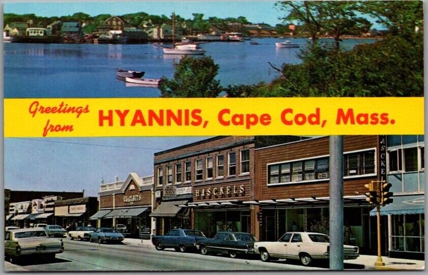 c1960s HYANNIS, Cape Cod Massachusetts Postcard Harbor / Main Street Scenes
