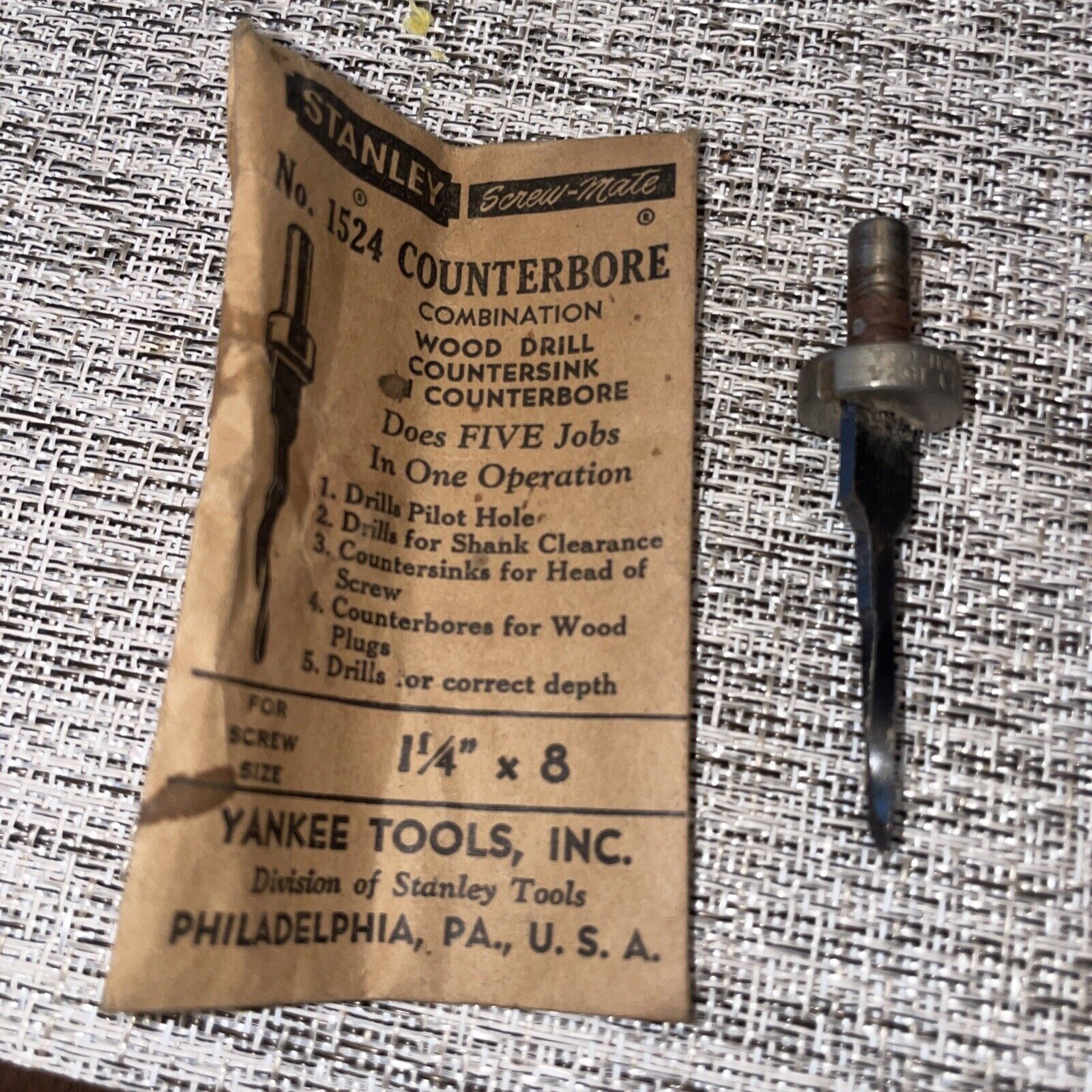 Stanley 1524 Screw-Mate Drill Bit 1 1/4” x 8 Screw Sink Countersink Counterbore