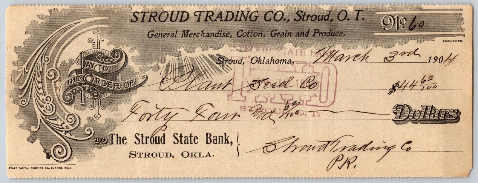 Stroud Trading Co. / Plant Seed Co. Oklahoma Territory 1904 Bank Check