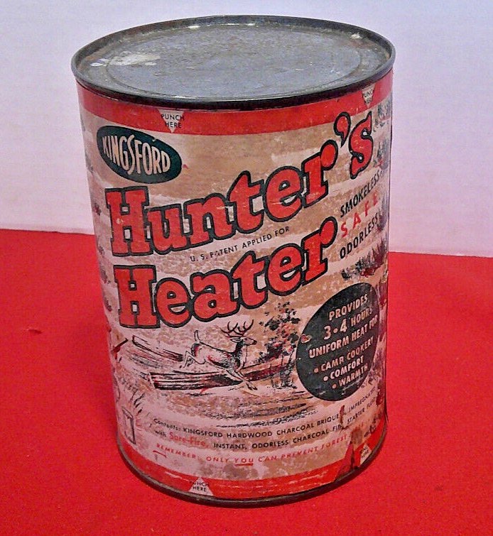Vintage 1950’s Kingsford Hunter\'s Heater Charcoal in a Can, Iron Mountain MI NOS