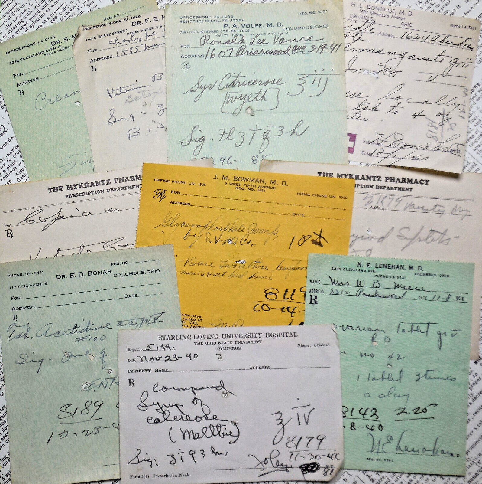 10 Vintage Prescriptions Medical Pharmcy Rx Columbus OH 1940s Ephemera Lot 1