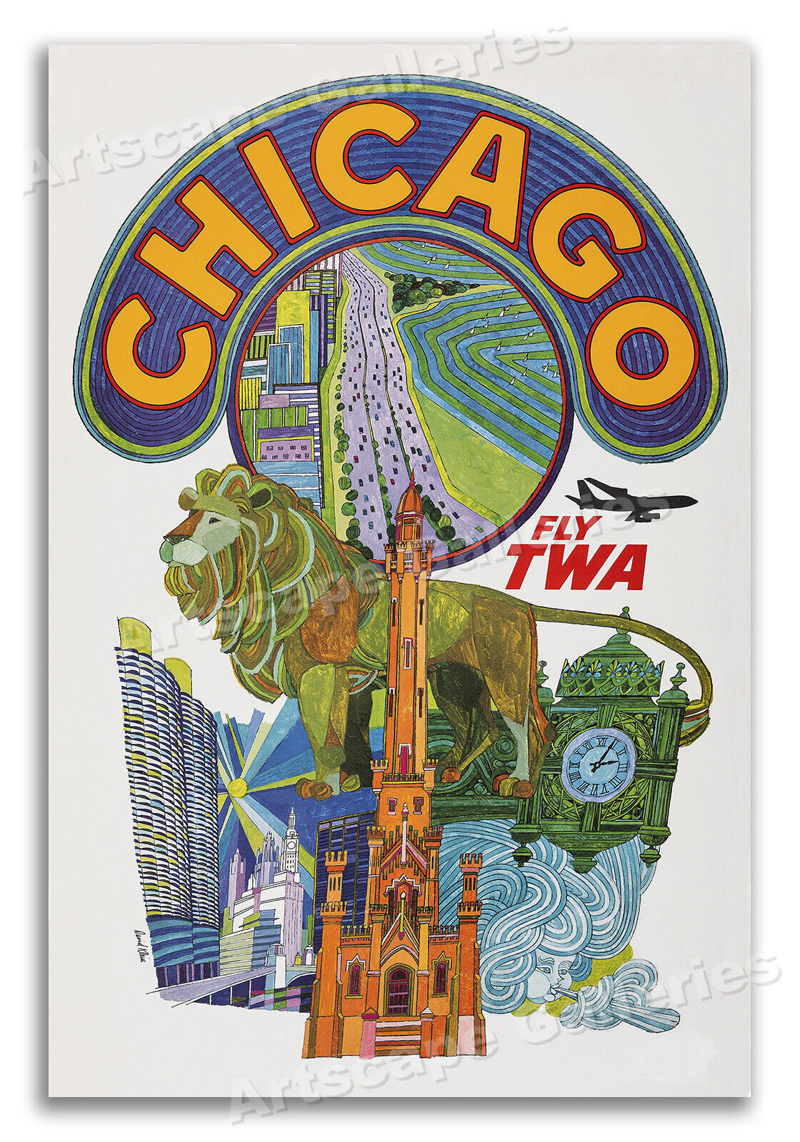 Fly TWA to Chicago Vintage Style 1960s Travel Poster - 16x24