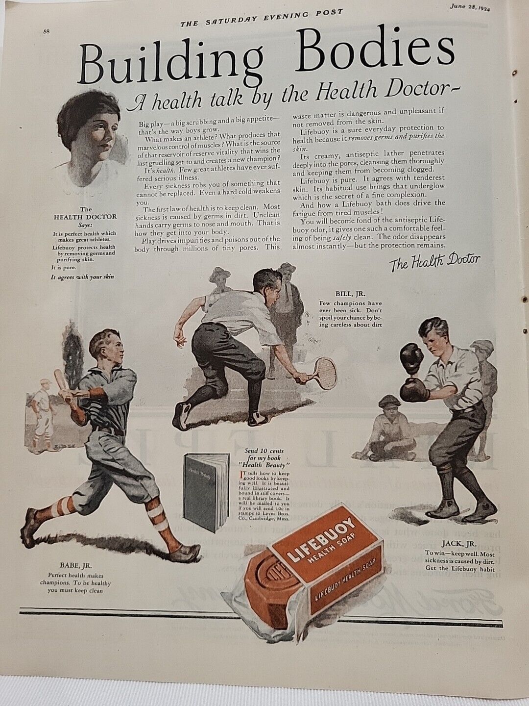 1924 Life Buoy Health Soap S. E. Post Print Ad Babe Ruth Jr. Jack Dempsey Jr.