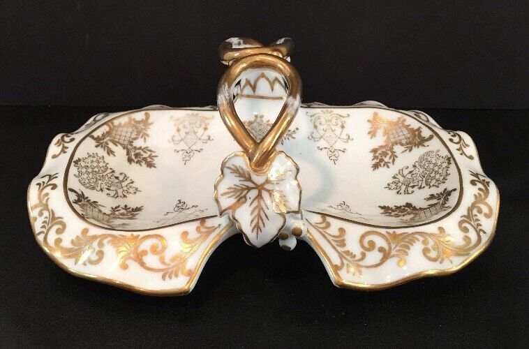 Antique Meissen White Porcelain Candy Dish With Center Handle Gilded Signed