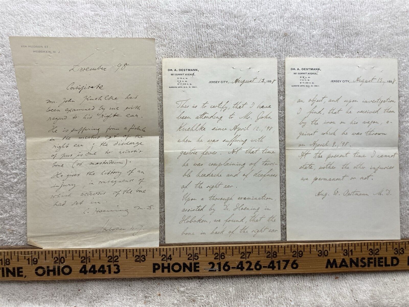 1898 Dr. Oestmann Jersey City Doctors Note Hearing Damage Injury Vtg