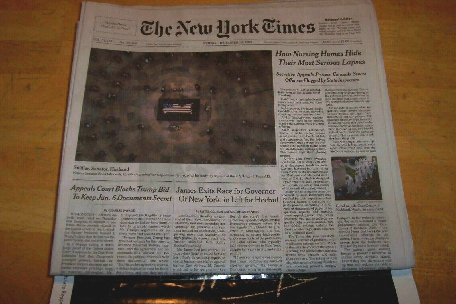 THE NEW YORK TIMES FRIDAY DECEMBER 10, 2021 (BOB DOLE passes)