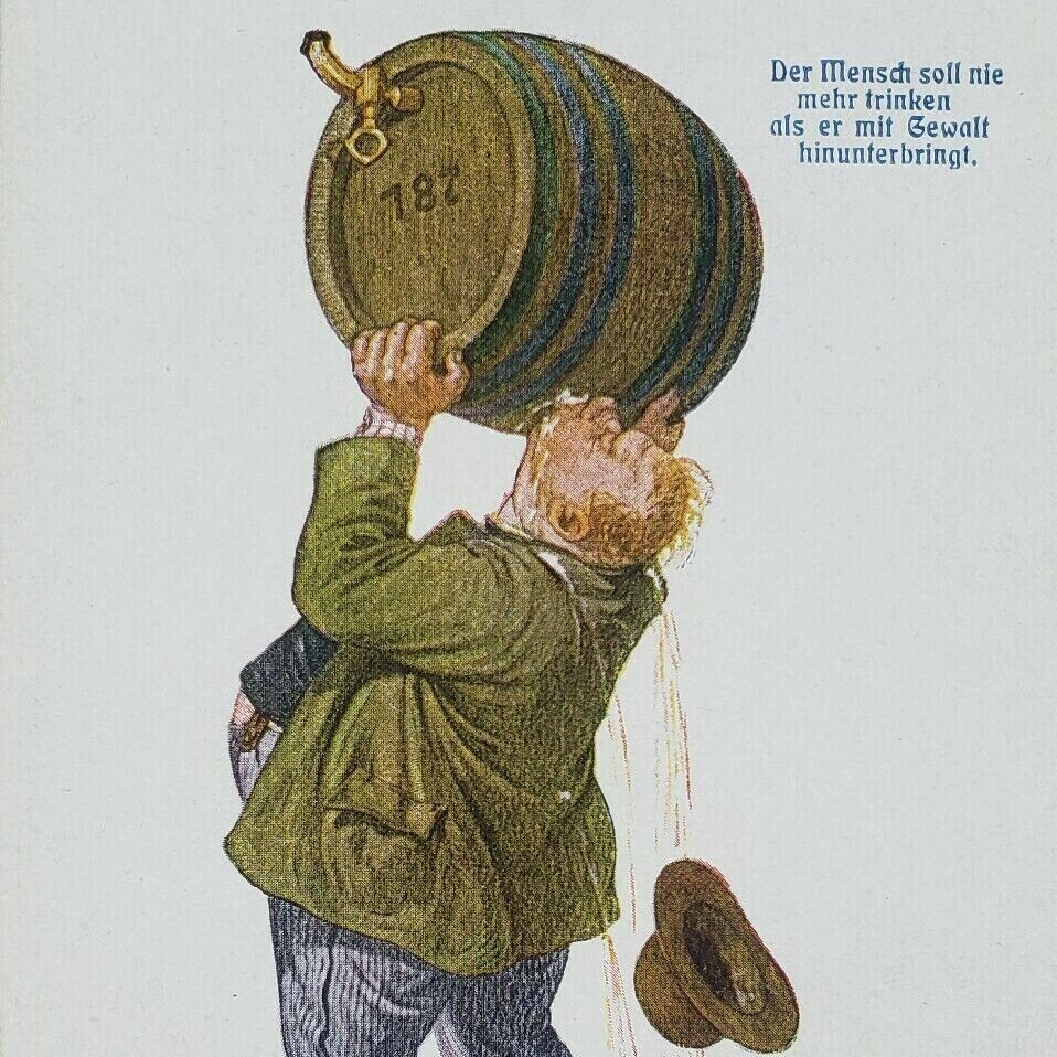 Germany Man Dog Drinking Beer From Barrel Alcohol Warning German Postcard H51