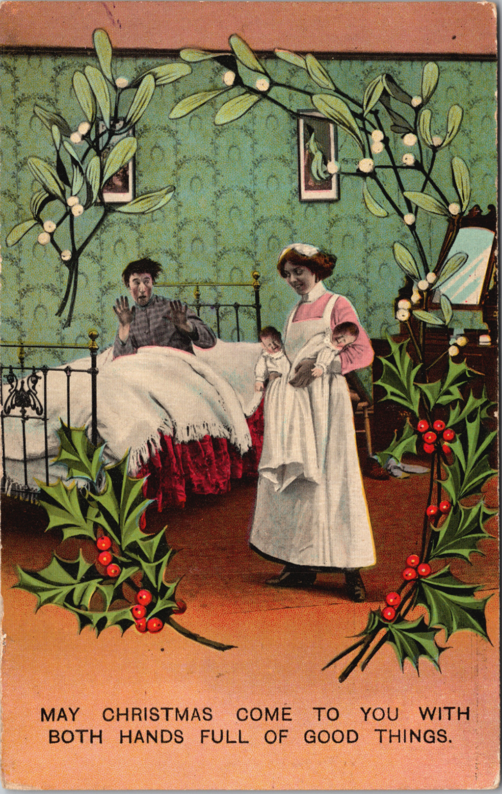 Bamforth Christmas Humor 1910 Shock Twins Nurse Midwife Bedroom Holly East Weare