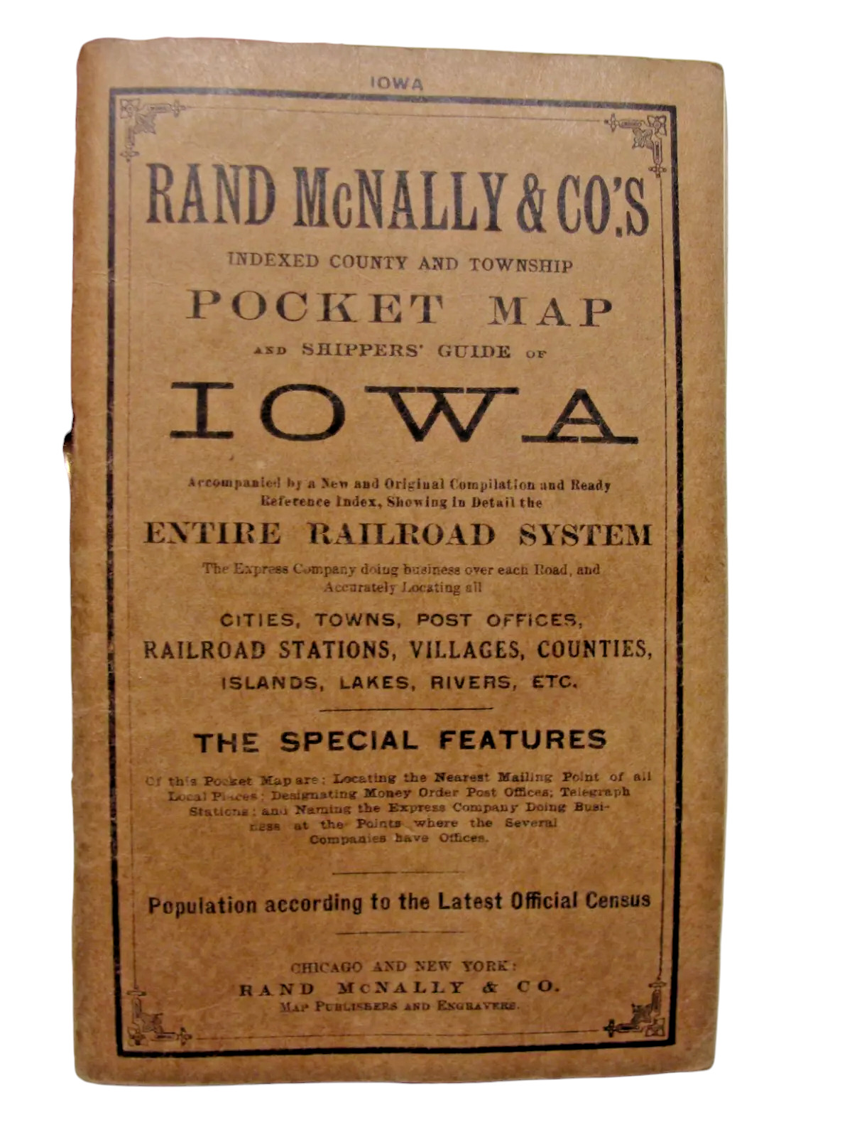 1910 RAND-McNALLY INDEXED Railroad System & POCKET MAP & SHIPPERS' GUIDE OF IOWA