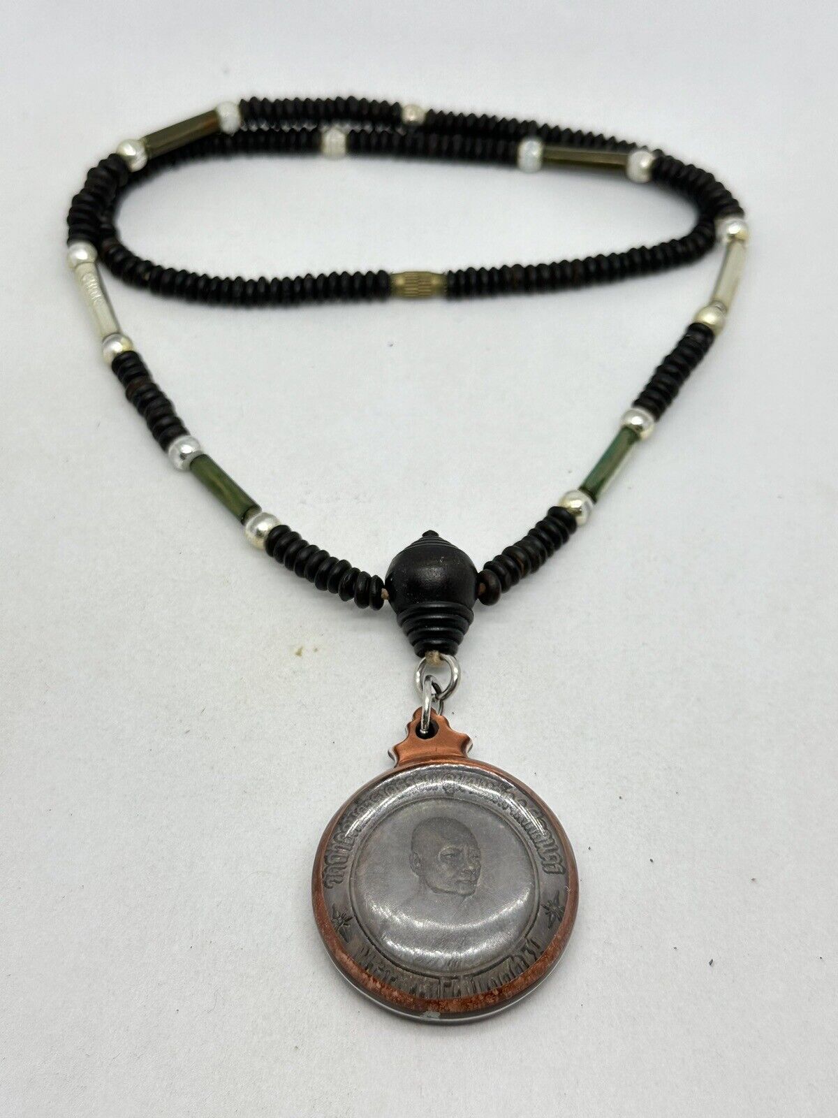 Vintage Talisman Thai Buddha Coin Amulet Pendant Necklace ~ 24 inches