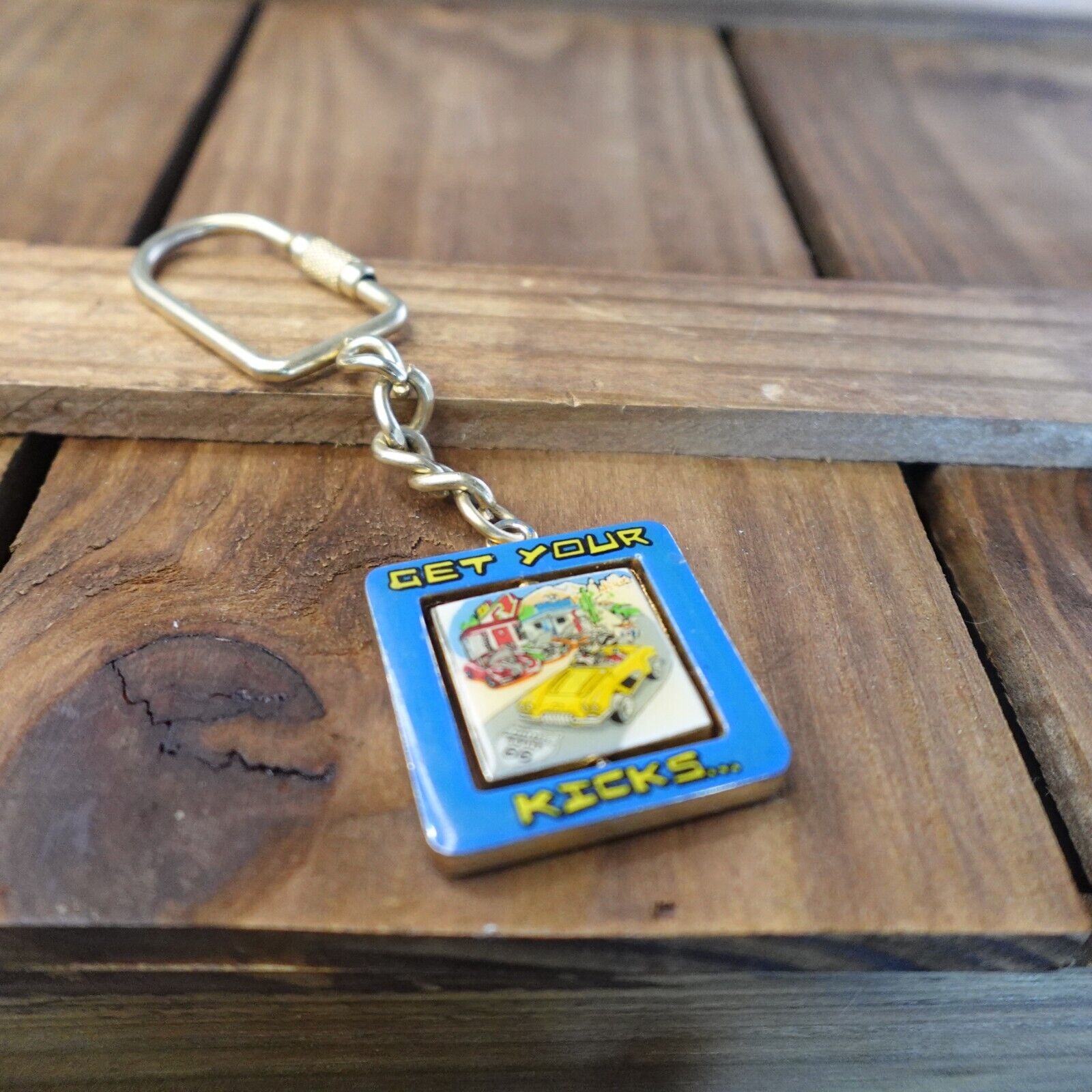 Get Your Kicks on Route 66 Keychain Keyring Blue Yellow Spinner Car Vacation