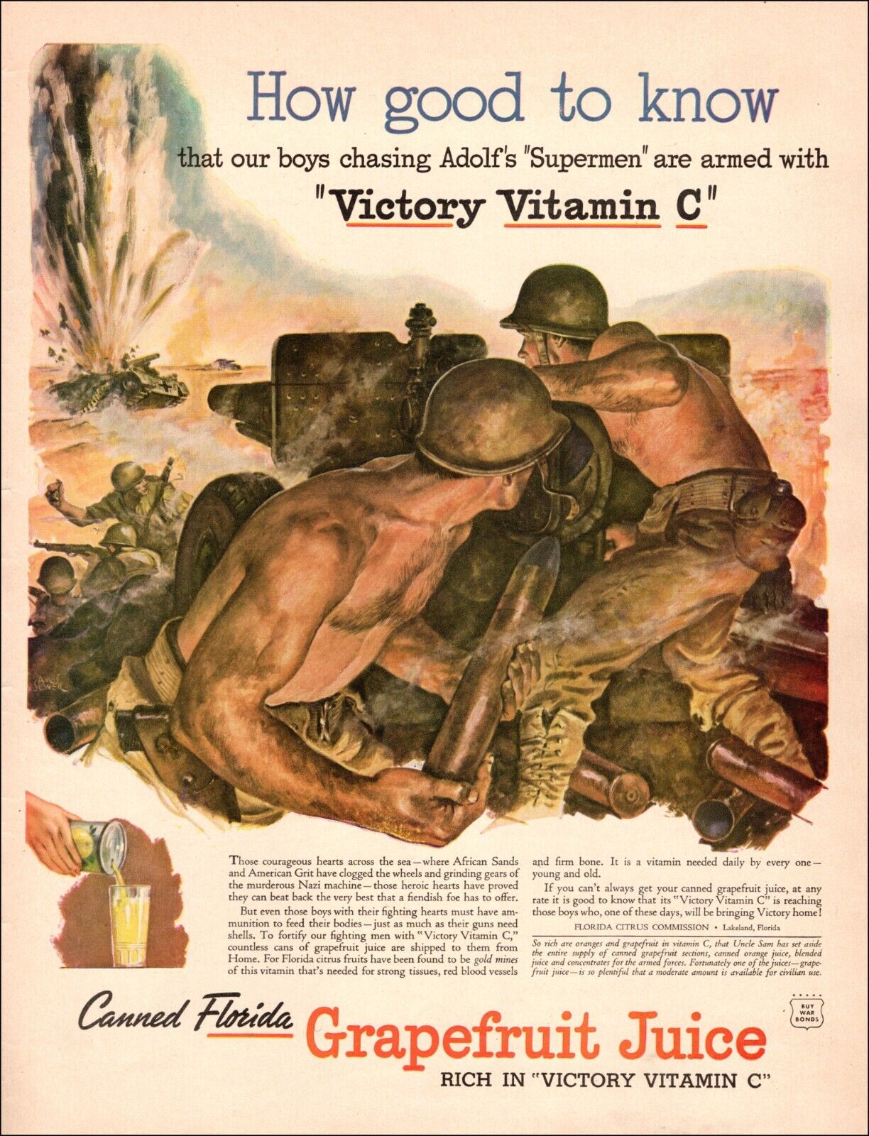 1943 WW 2 AD FLORIDA GRAPEFRUIT JUICE Victory Vitamin C   Anti Tank Gun 071022