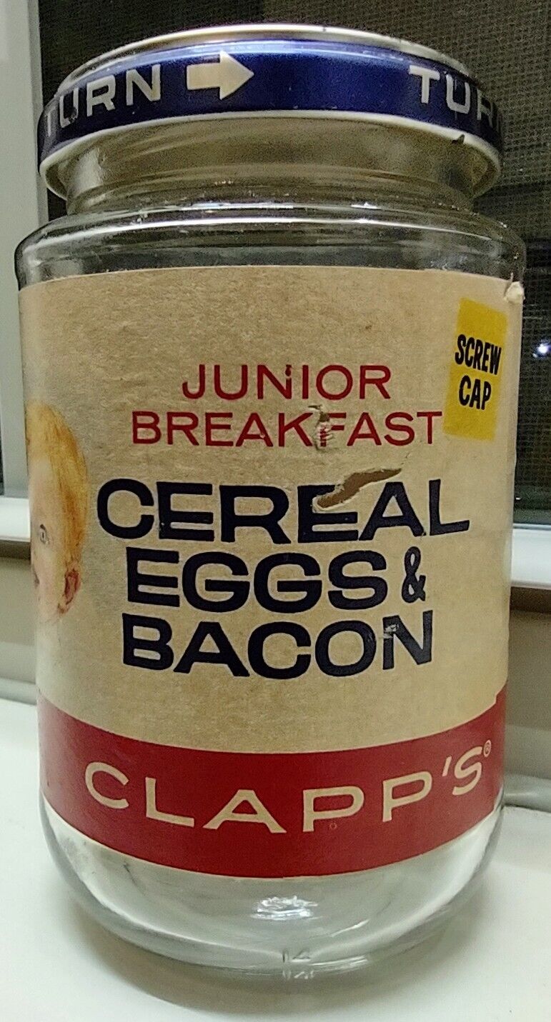 CLAPP\'S BABY FOOD JAR Junior Breakfast CEREAL EGGS & BACON 1967 RARE Duffy-Mott