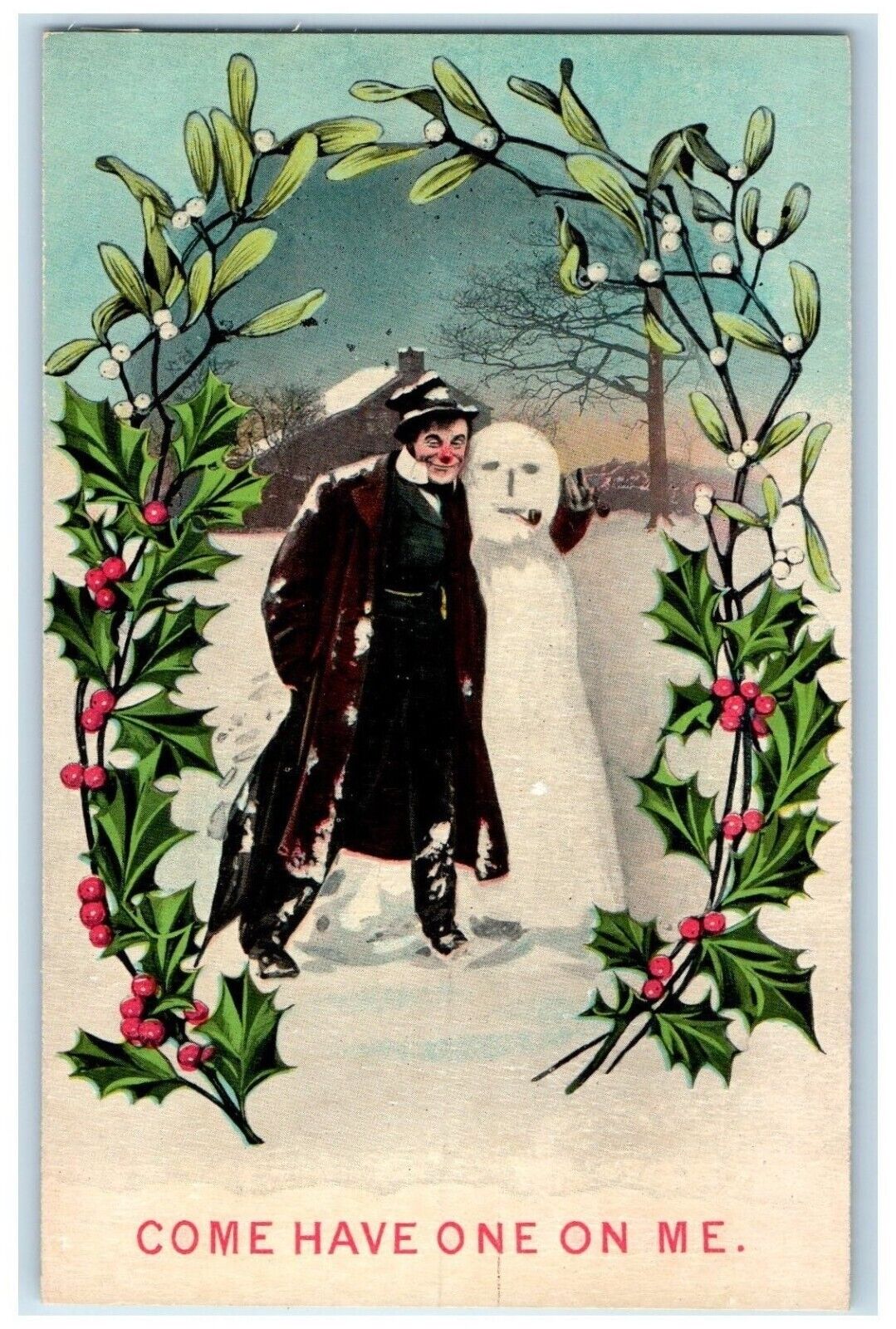 c1910\'s Drunk Man And Snowman Pipe Holly Berries Mistletoe Bamforth Postcard