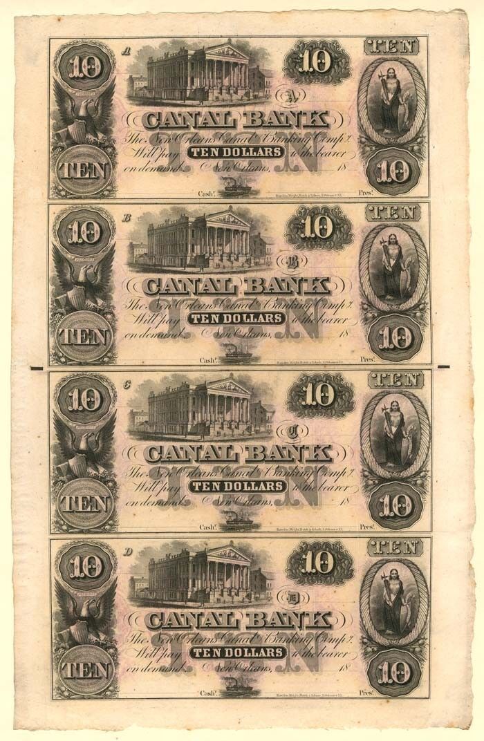 $10 Canal Bank - Uncut Obsolete Sheet of 4 Notes - Broken Bank Notes - Paper Mon