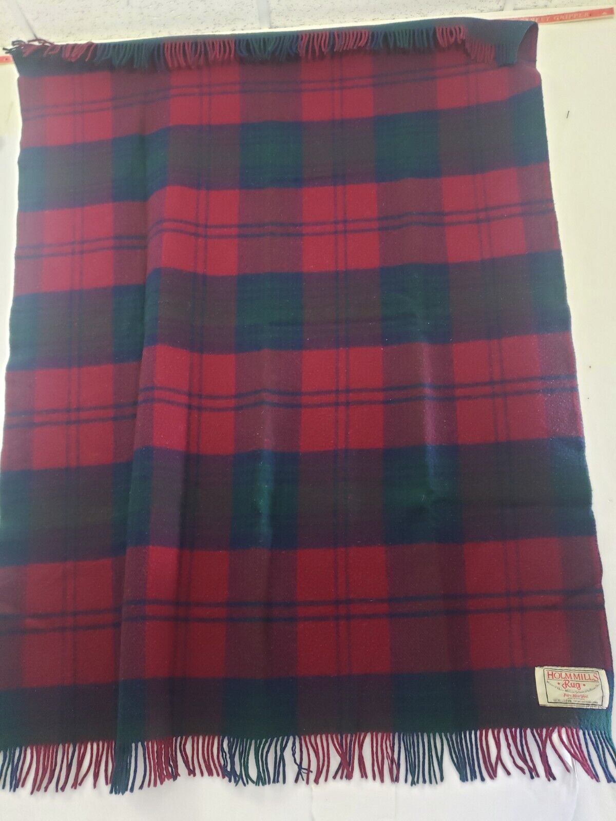 VTG Wool Blanket Plaid Red Blue Green Holm Mills SCOTLAND 62”X 50\