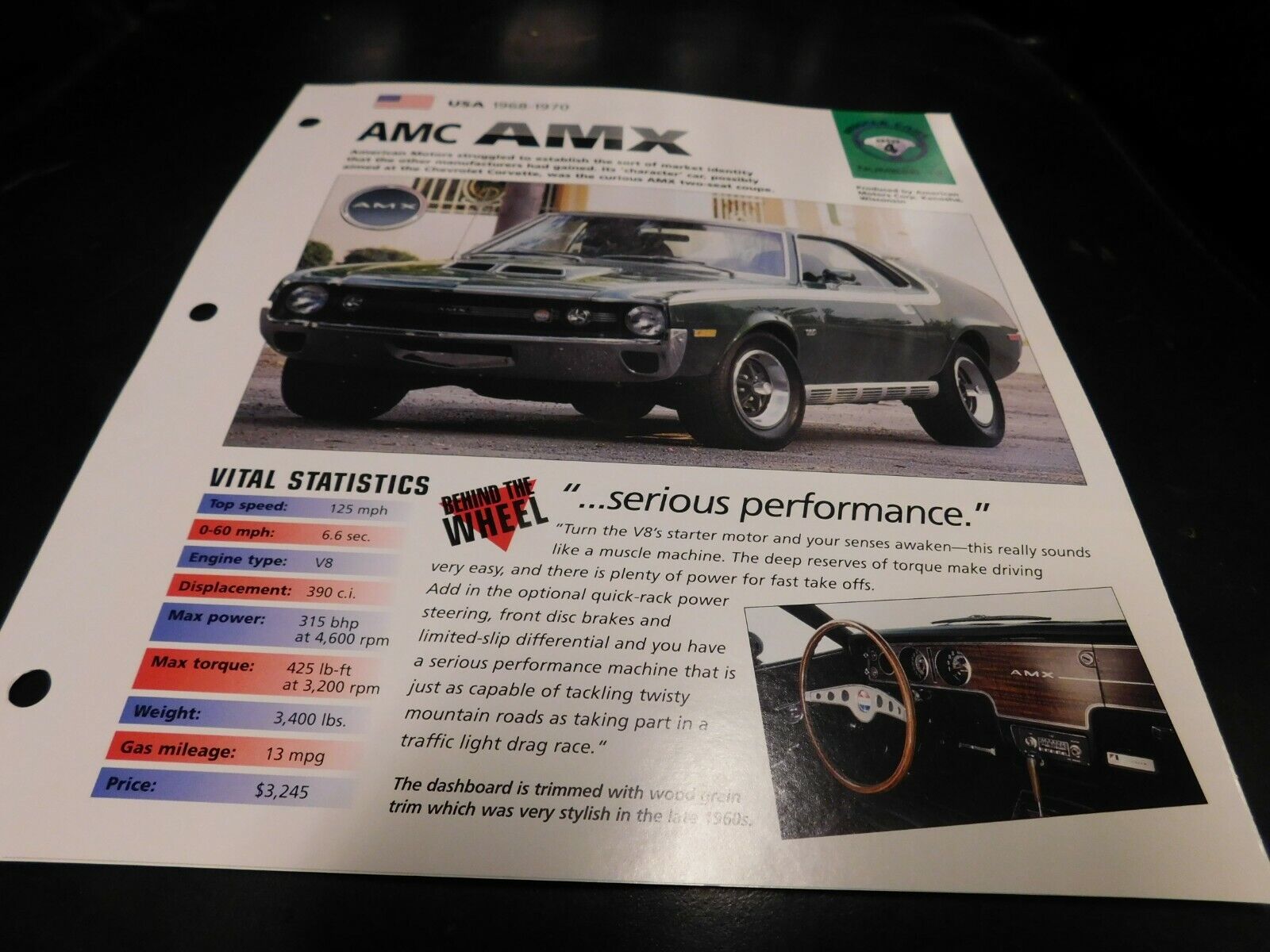 1968-1970 AMC AMX Spec Sheet Brochure Photo Poster 1969