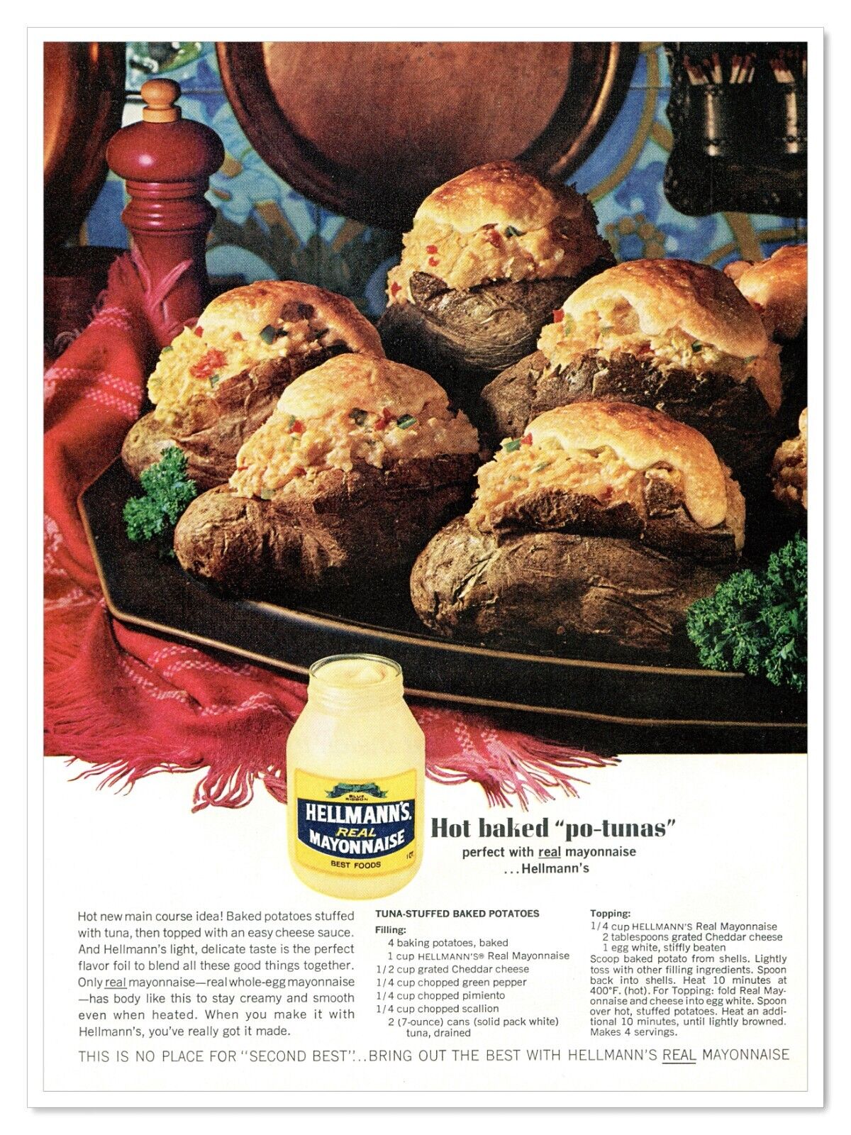 Hellmann\'s Mayonnaise Tuna-Stuffed Potatoes Recipe Vintage 1968 Magazine Ad