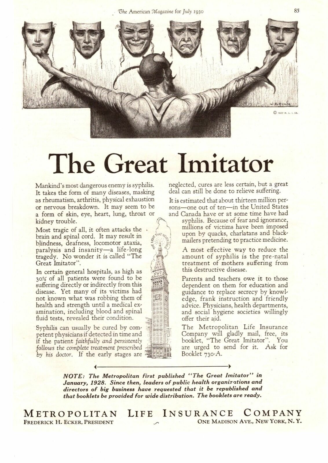 1930 Metropolitan Life Insurance The Great Imitator Syphilis Devil Mask Print Ad