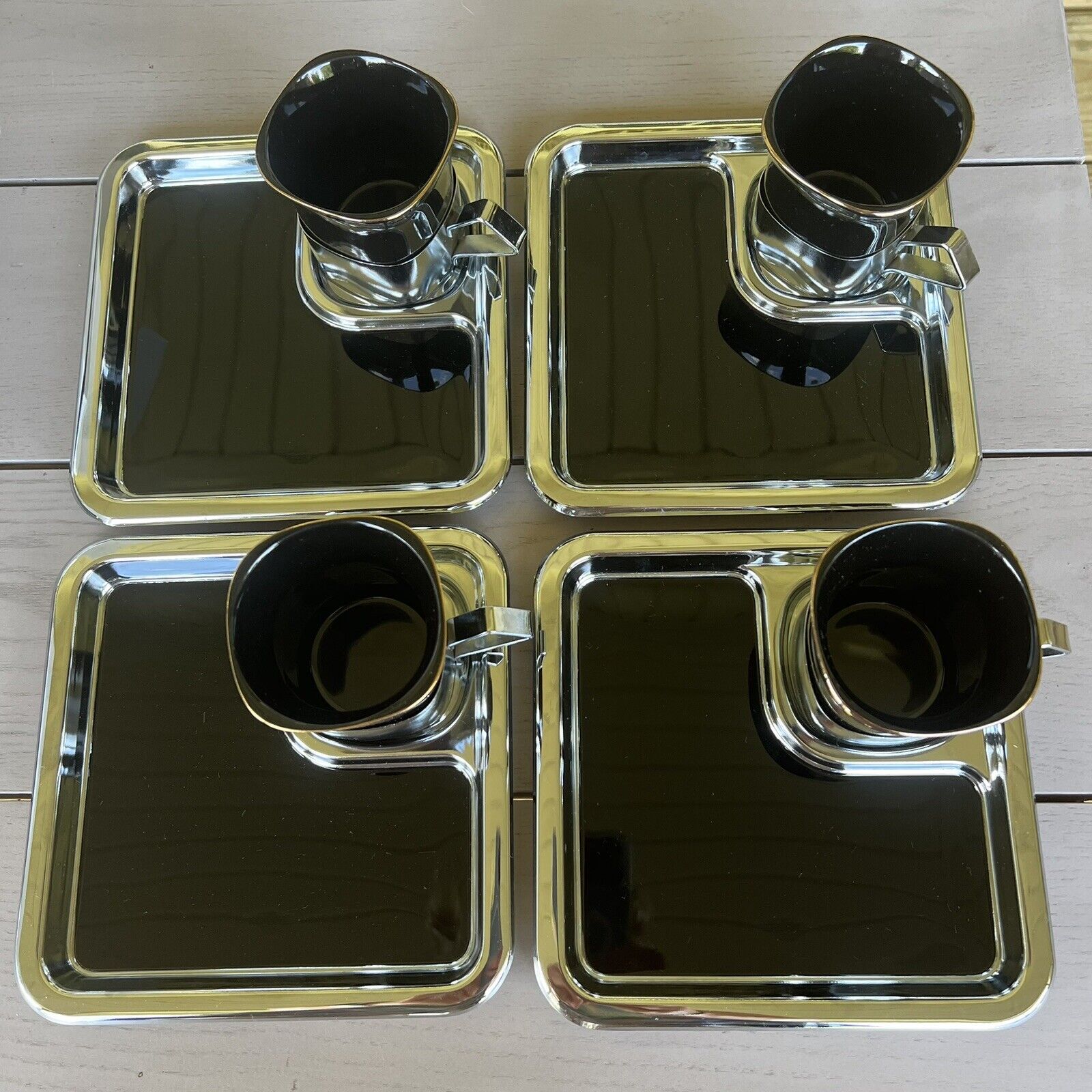 Set of 4 Japan Chrome Enamel Snack Tray Black Expresso Cup Twin Bird Industrial
