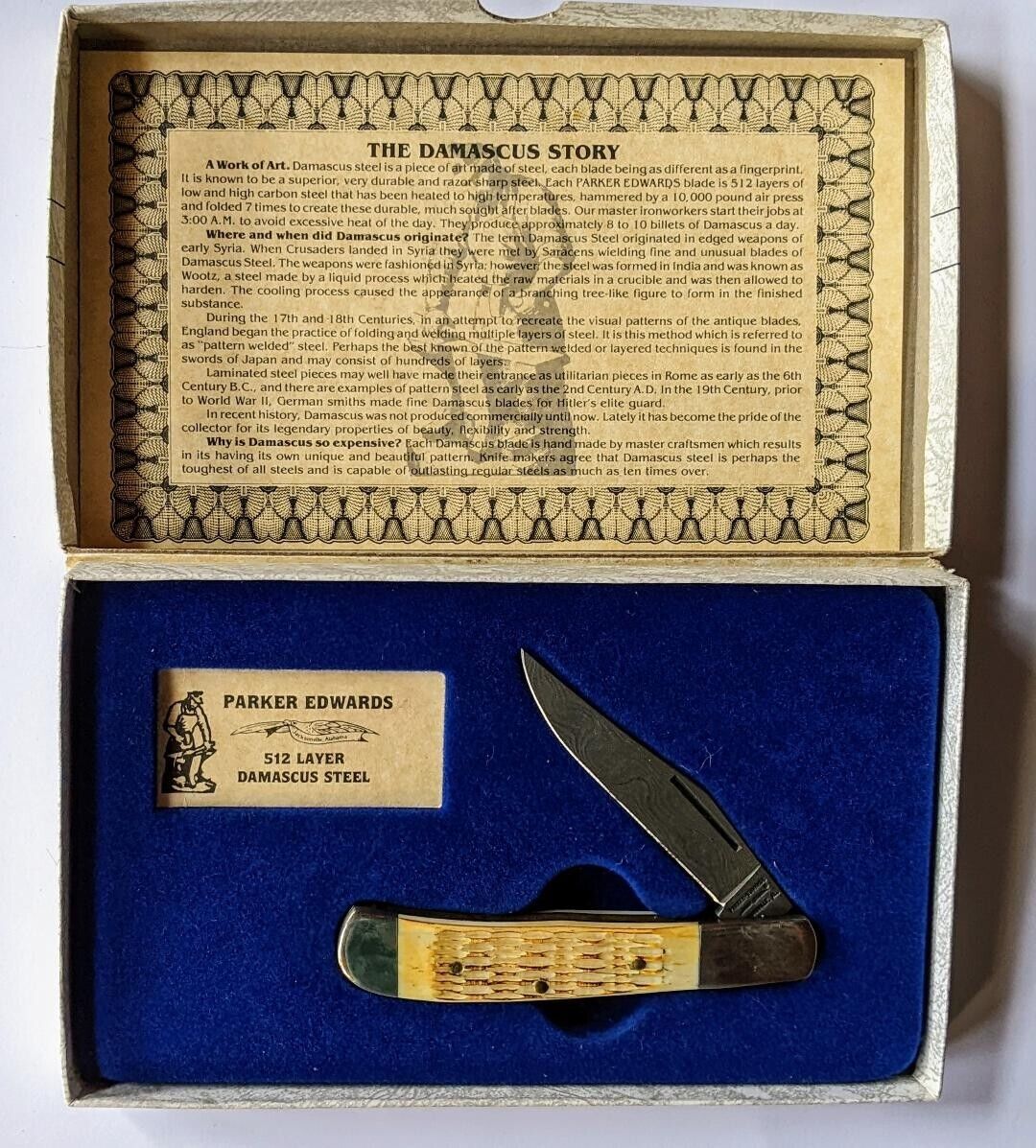 Vintage PARKER USA Alabama Made Lockback Knife Stag Handles 512-Layer DAMASCUS