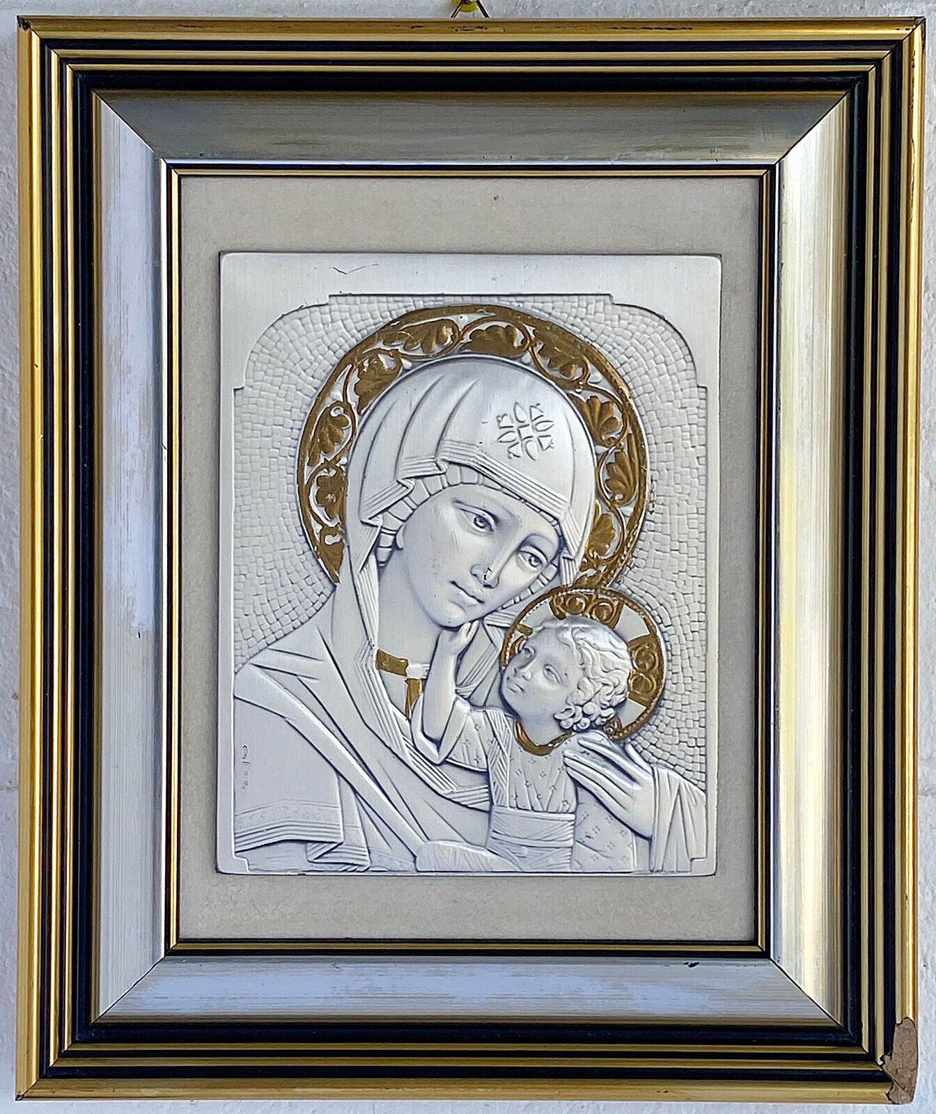 Madonna & Child Wood Silver Plated 24k Gold Italian Icon Art Master Silversmiths
